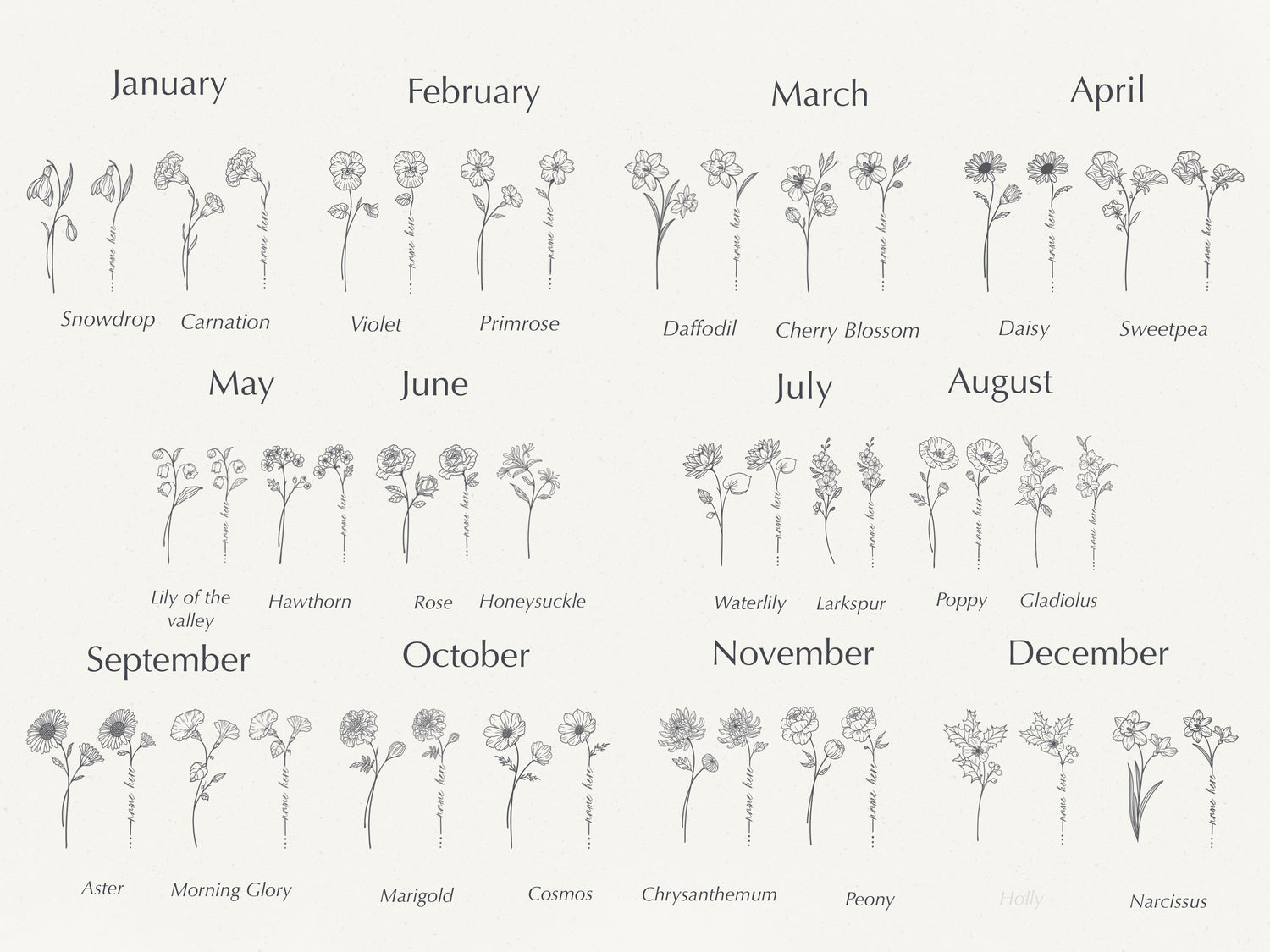 Illustration of flowers for each month, listing names like Snowdrop, Carnation, Violet, and others through December.