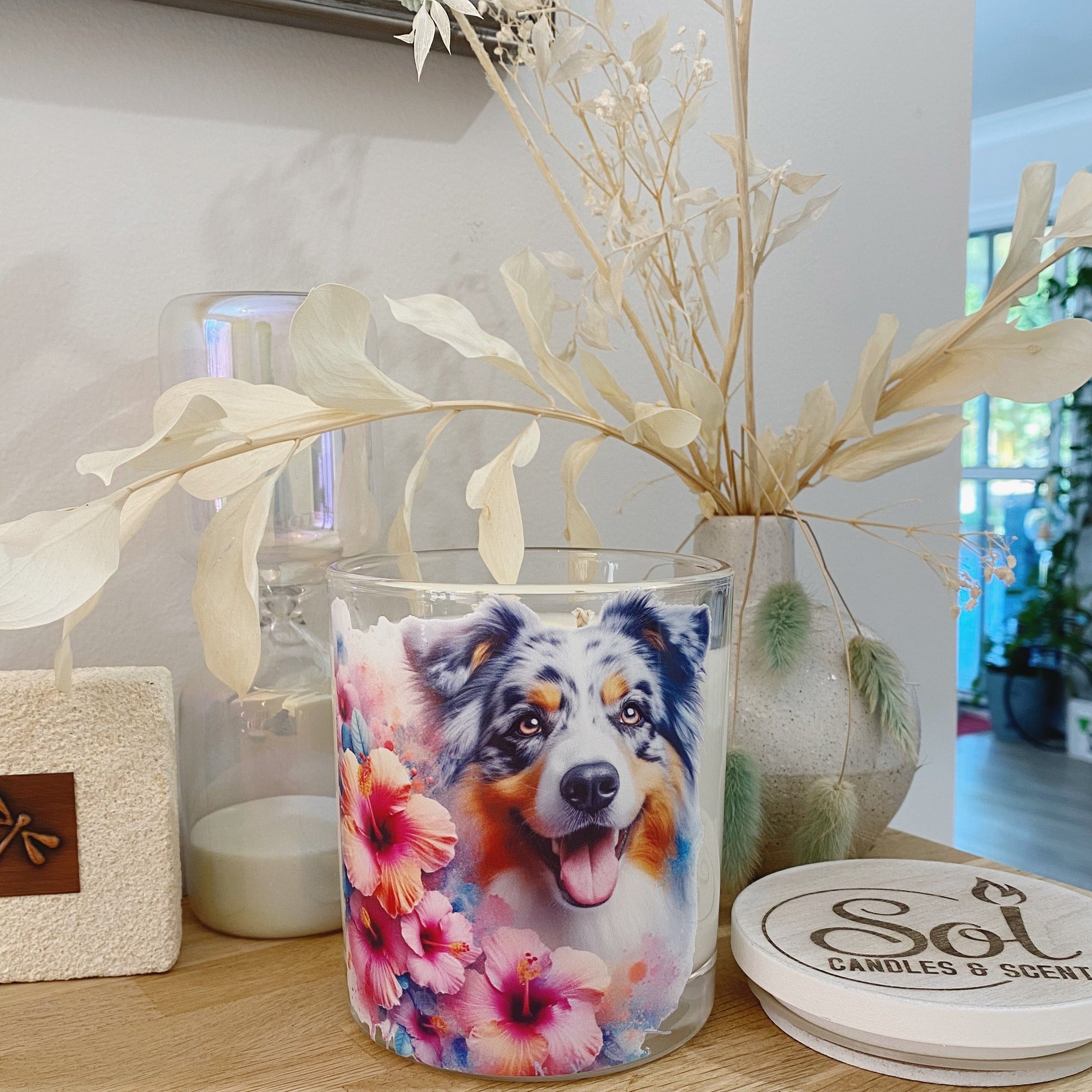 Australian Shepherd Smiling Hibiscus Xlarge Candle_Made in Queensland