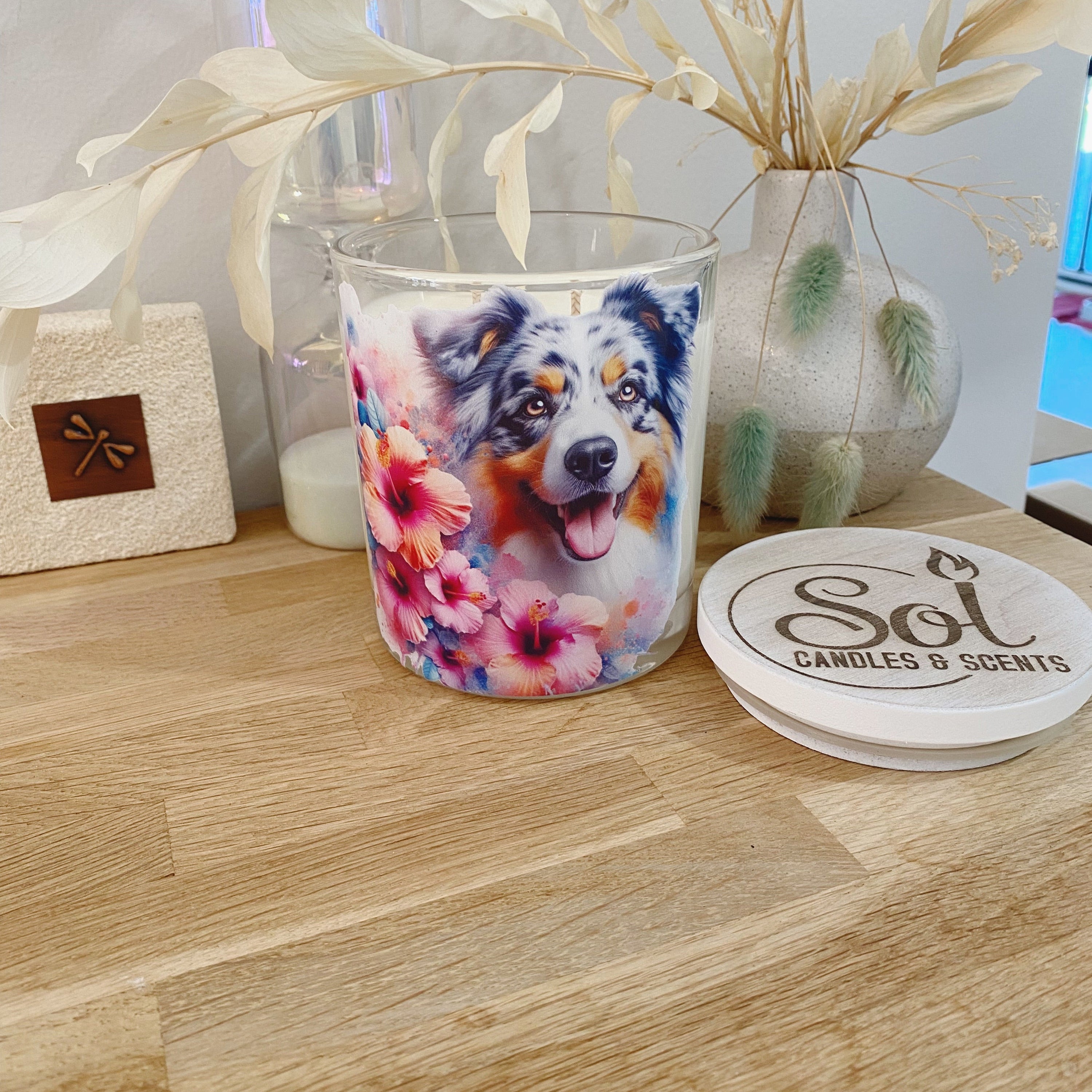 Australian Shepherd Smiling Hibiscus Xlarge Candle_Sol Candles & Scents