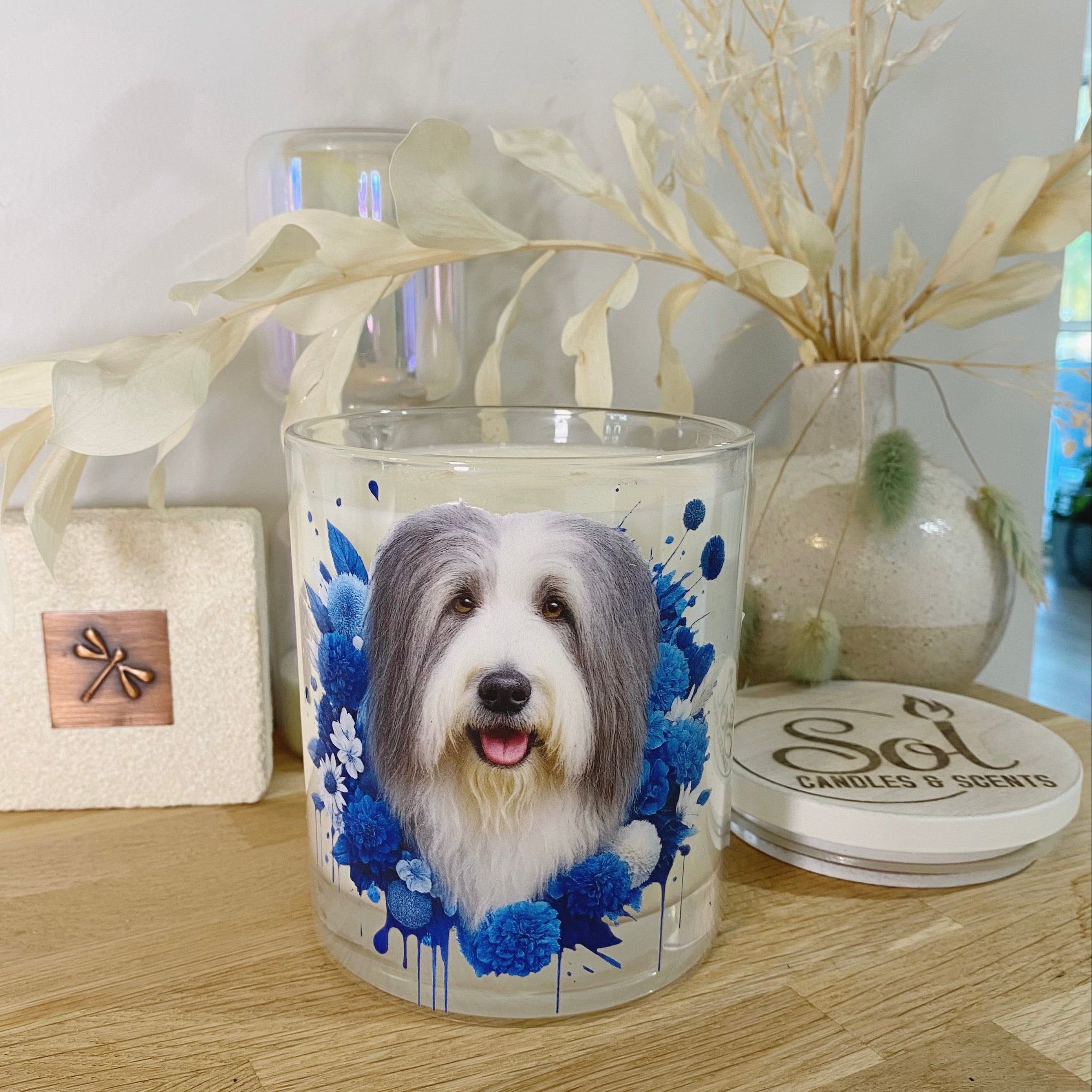 Bearded Collie Blue Floral Xlarge Candle_Sol Candles & Scents