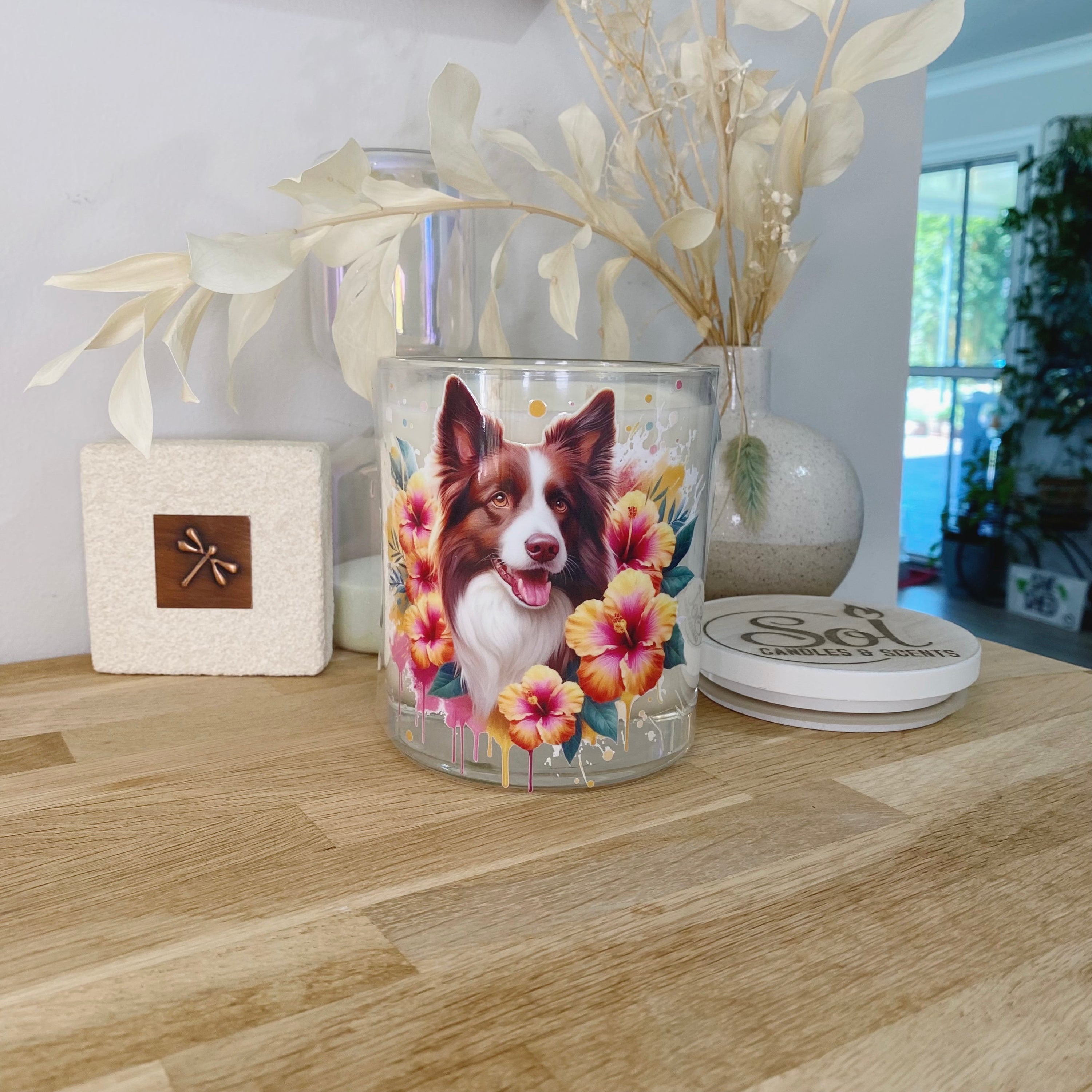 Soy Candle featuring a Chocolate Border Collie Dog_Sol Candles & Scent Design.
