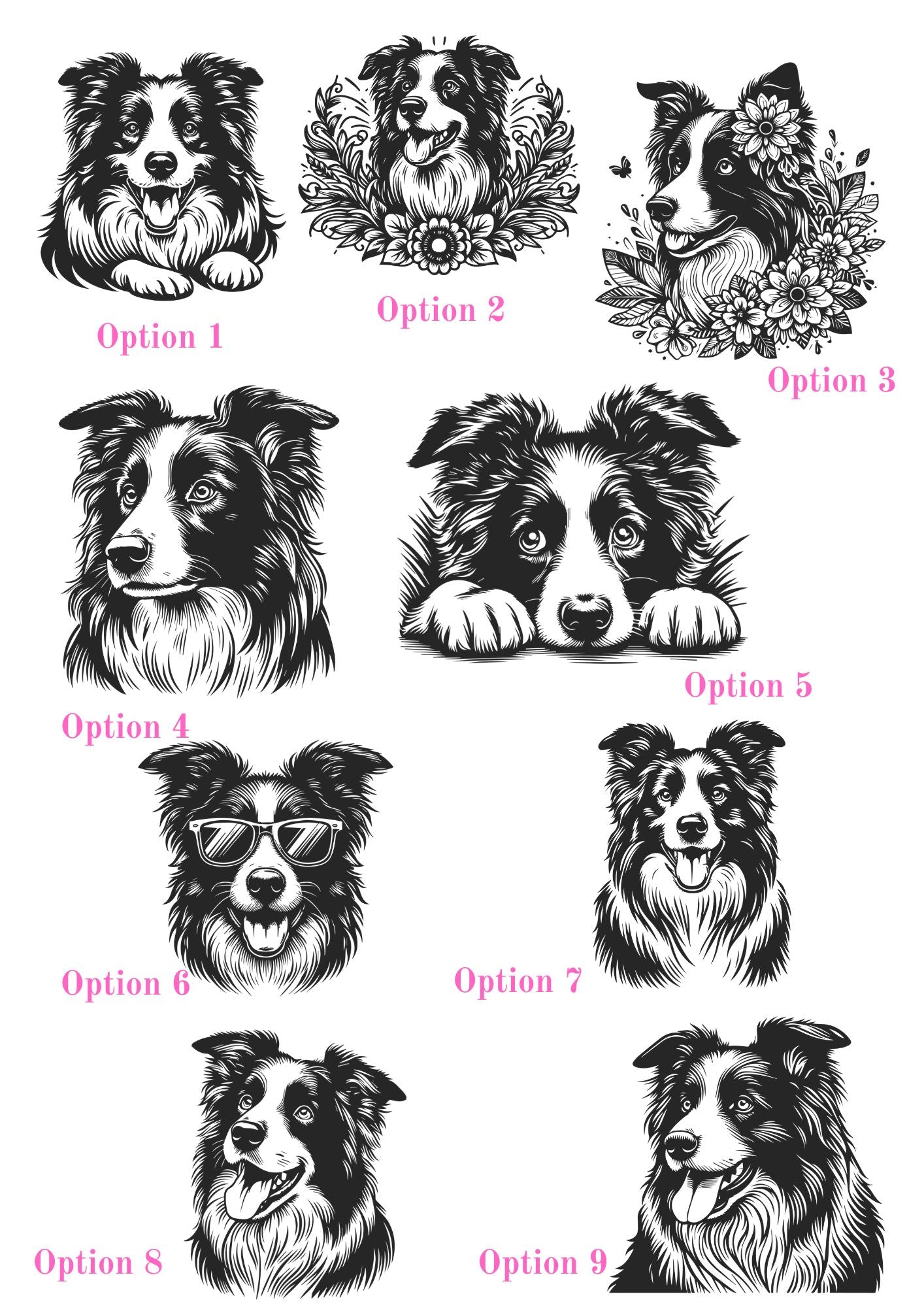 Nine artistic black and white illustrations of Border Collies featuring different expressions and designs.