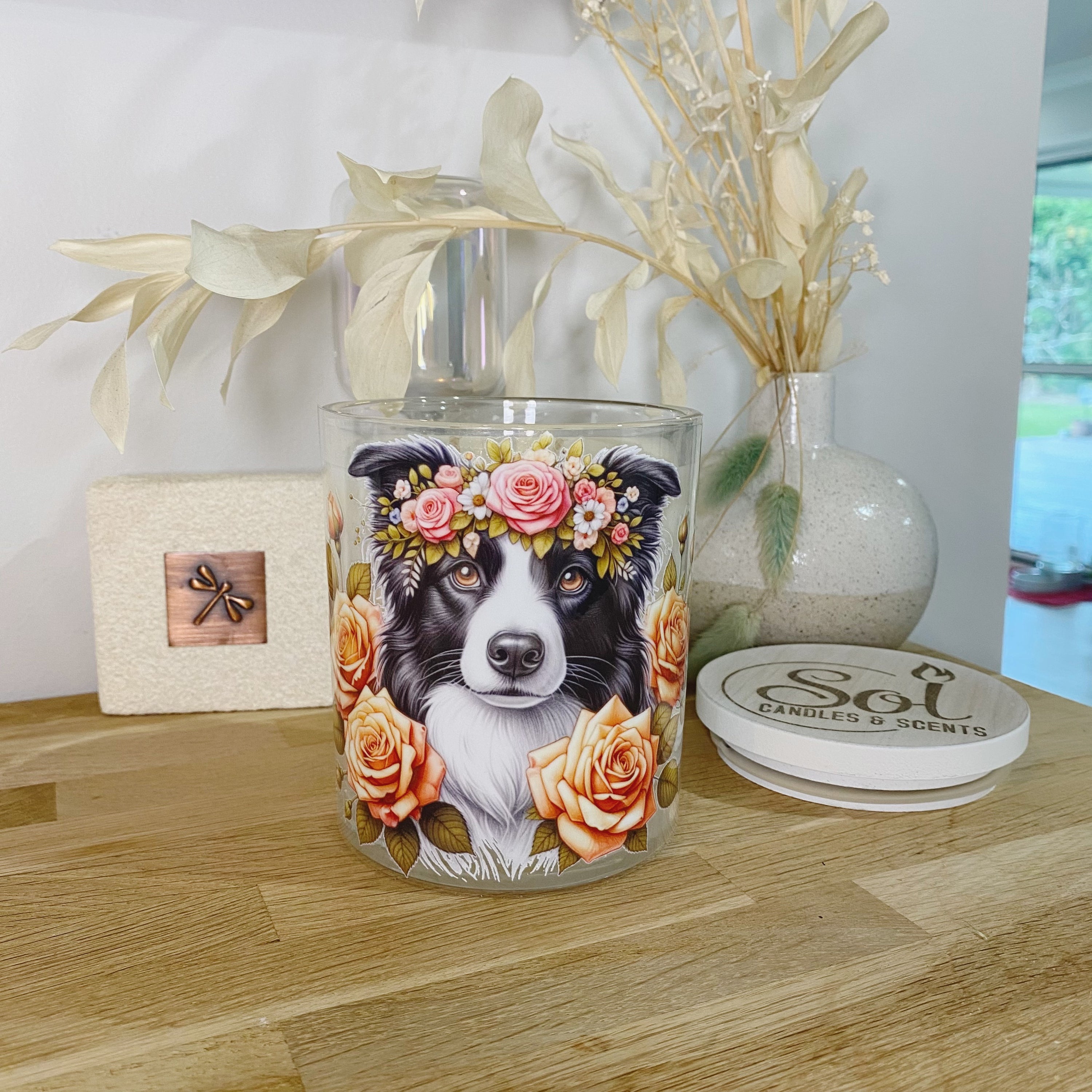 Border Collie Roses Dog Candle_Sol Candles & Scents