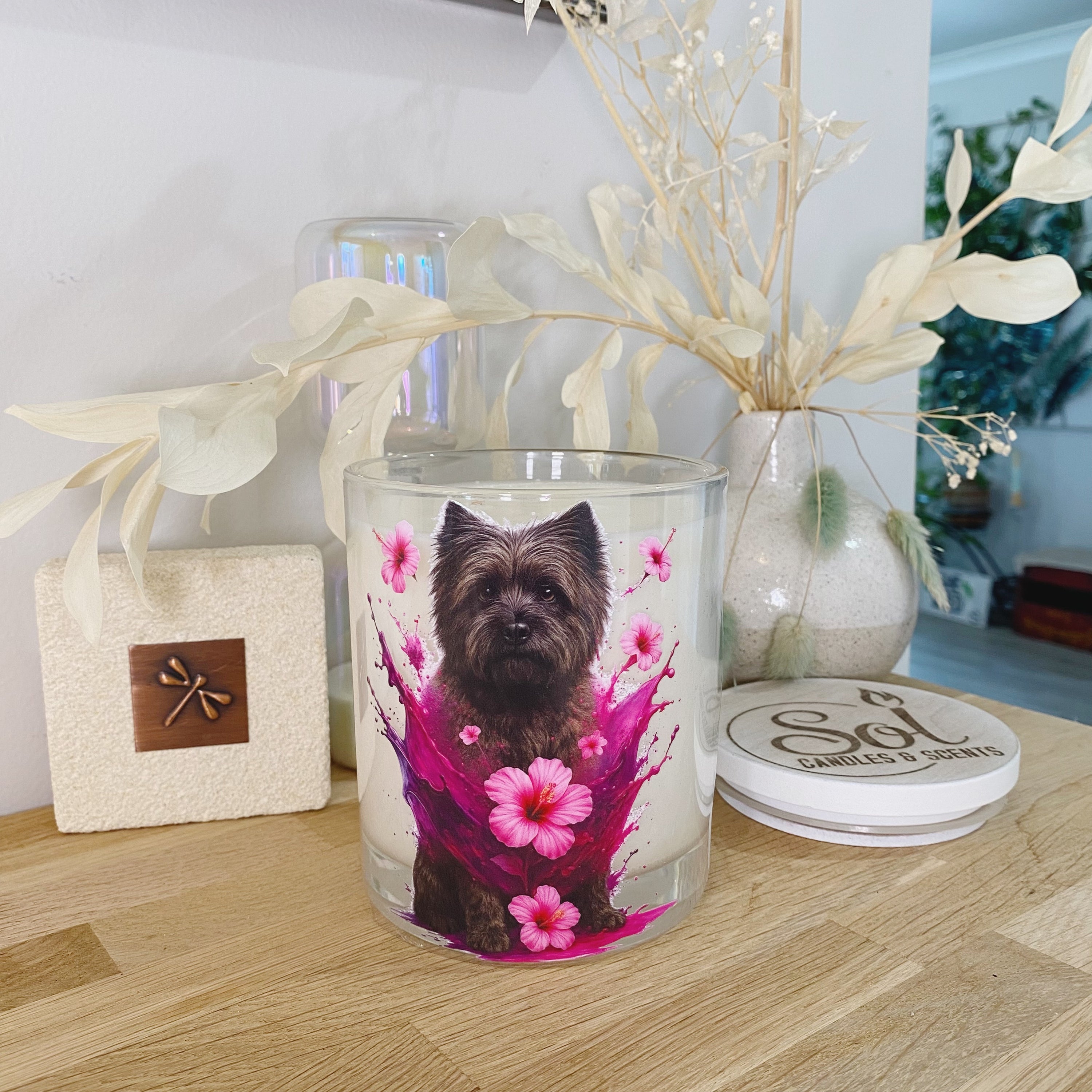 Cairn Terrier Pink Hibiscus Xlarge Candle_Sol Candles & Scents