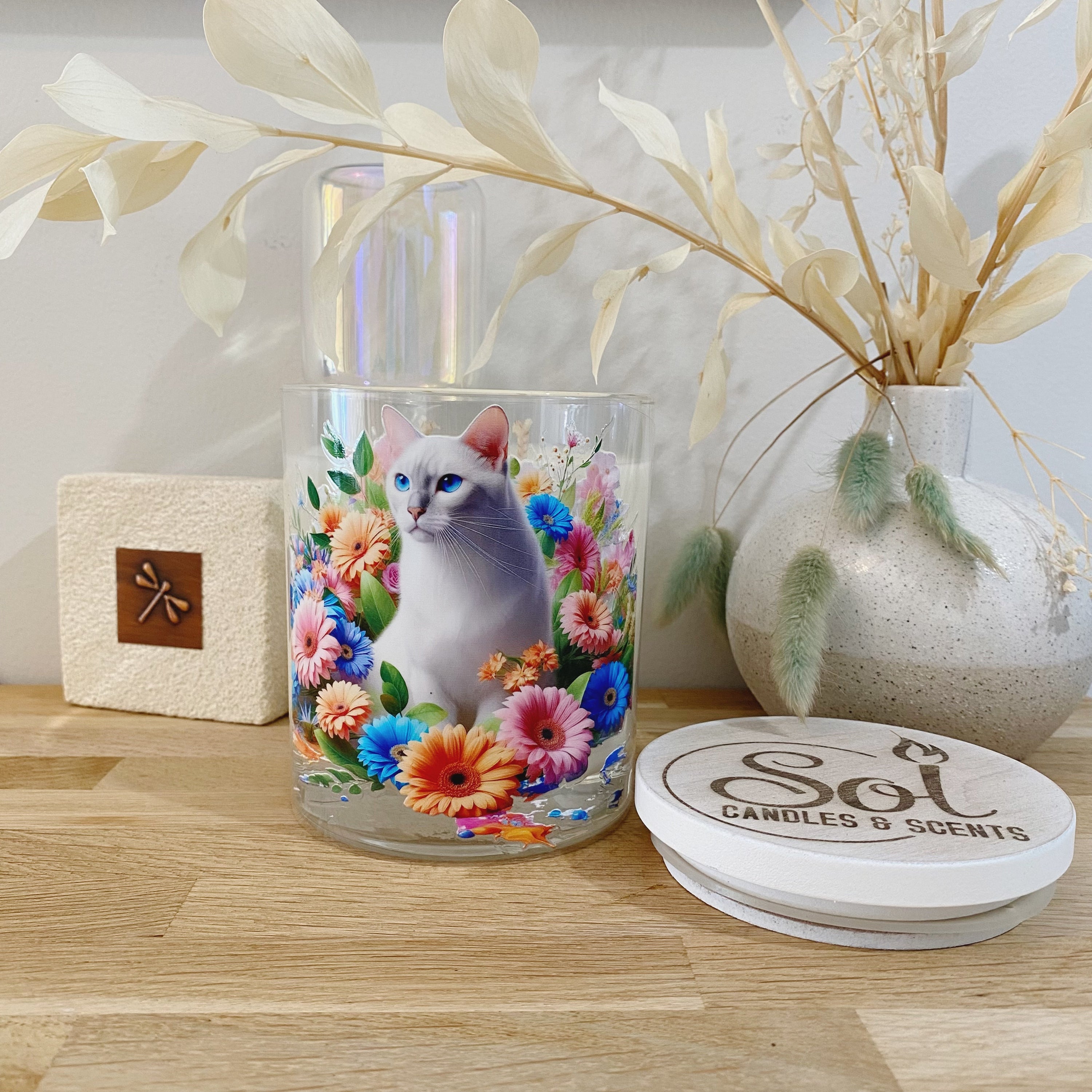 Cat White Floral Xlarge Candle_Refillable_Made in Australia