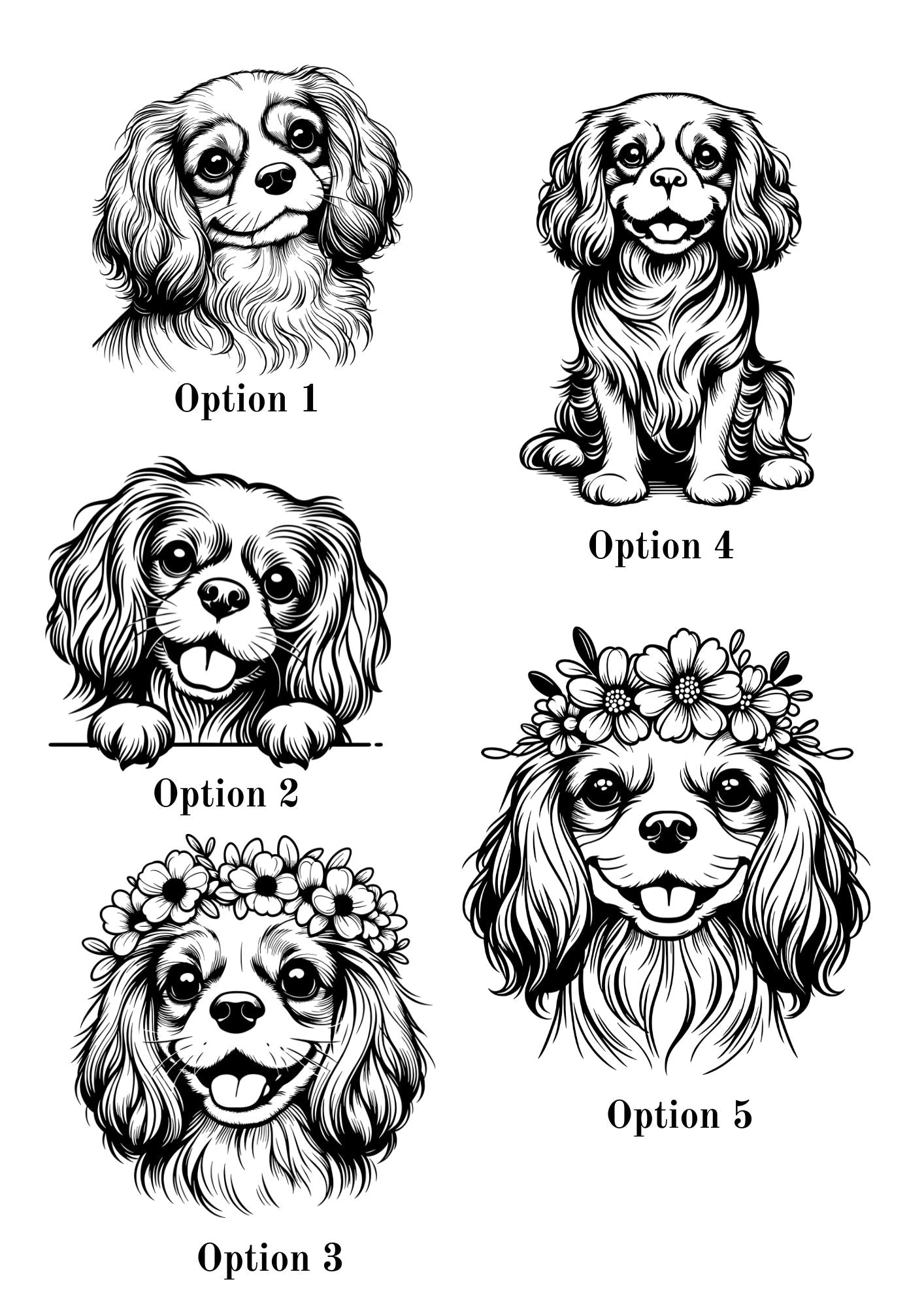 Illustration of five different Cavalier King Charles Spaniel designs, featuring various expressions and accessories.