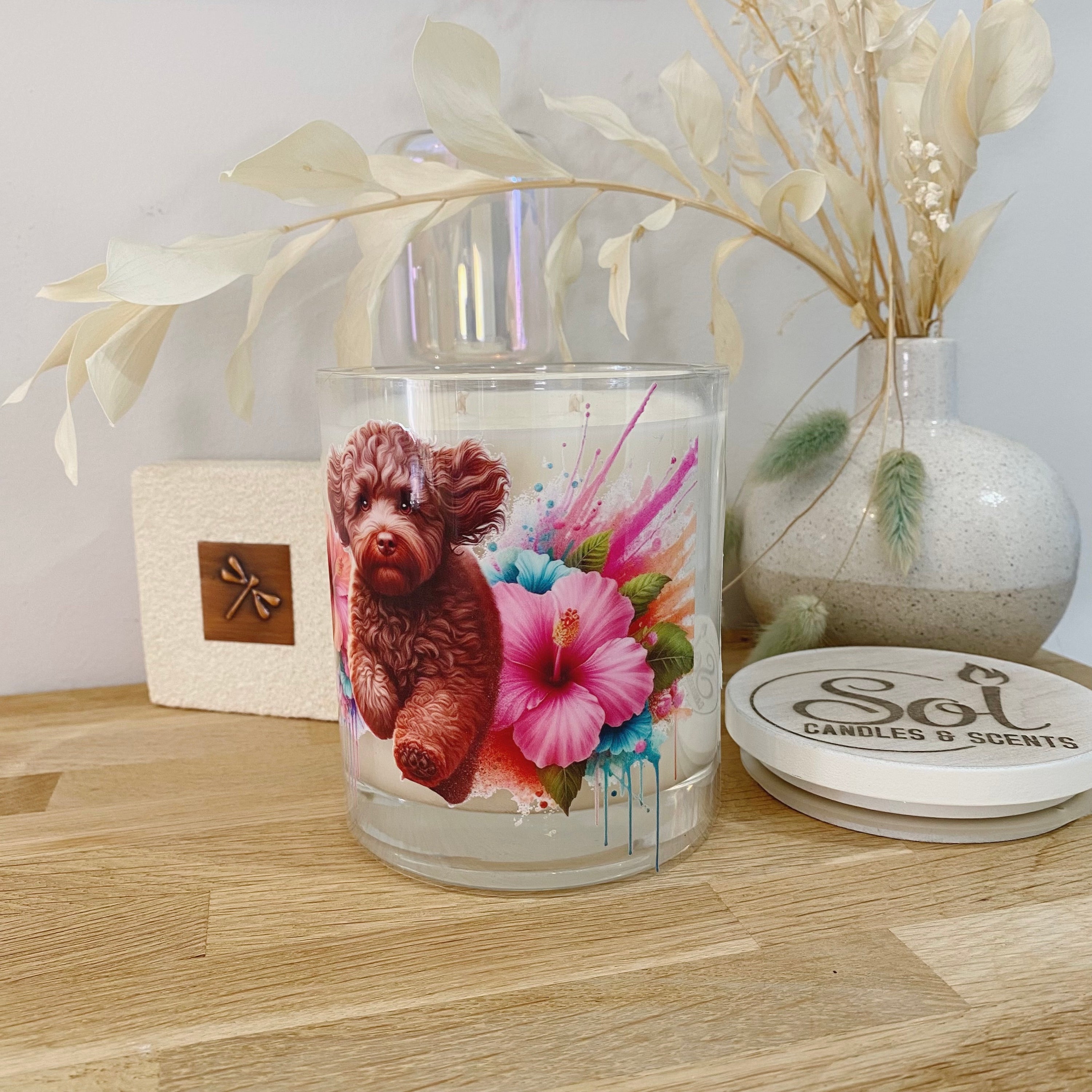 Candle with a Chocolate Cavoodle dog and floral design_Sol Candles & Scents