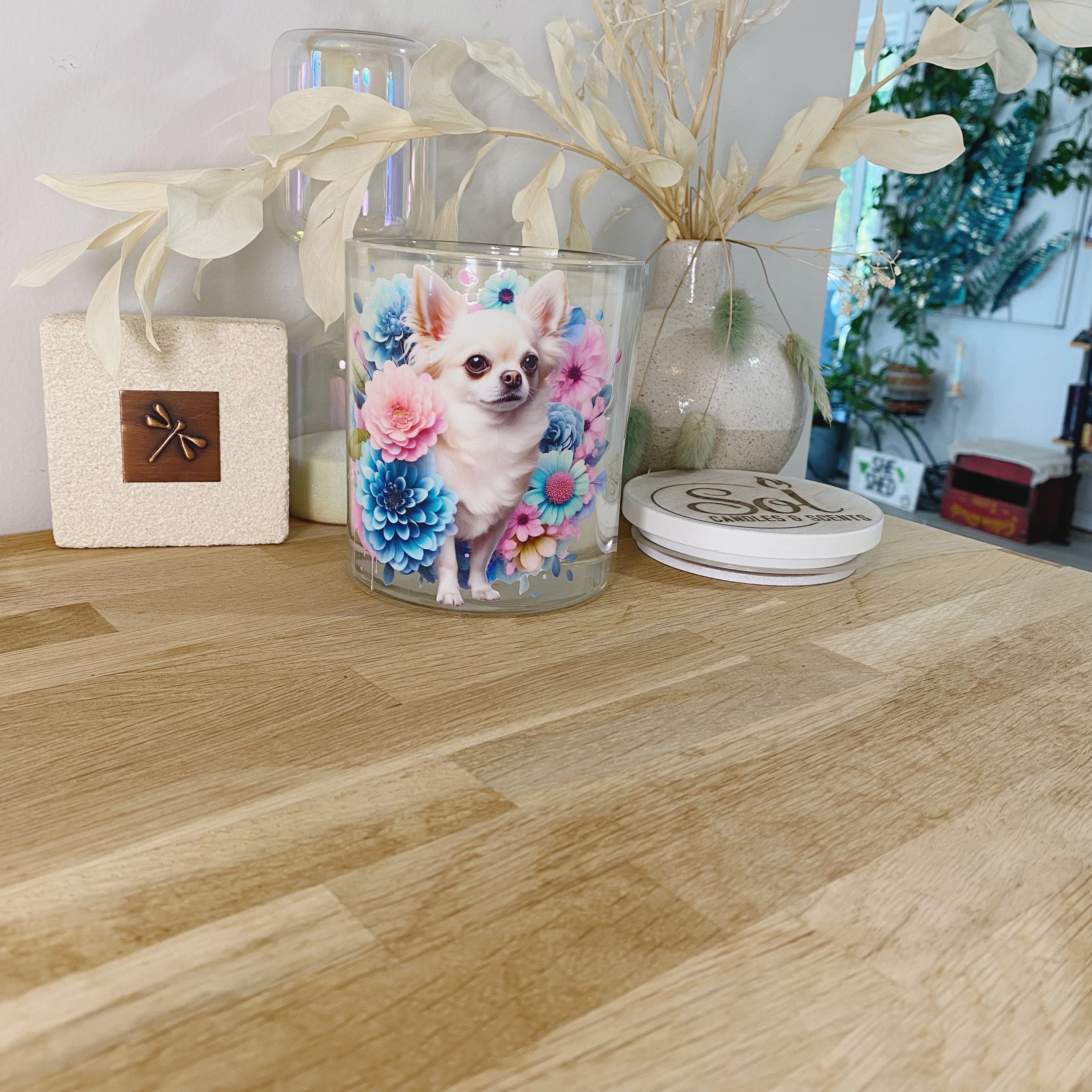 Chihuahua Dog Cream Floral Xlarge Candle_Made in Australia
