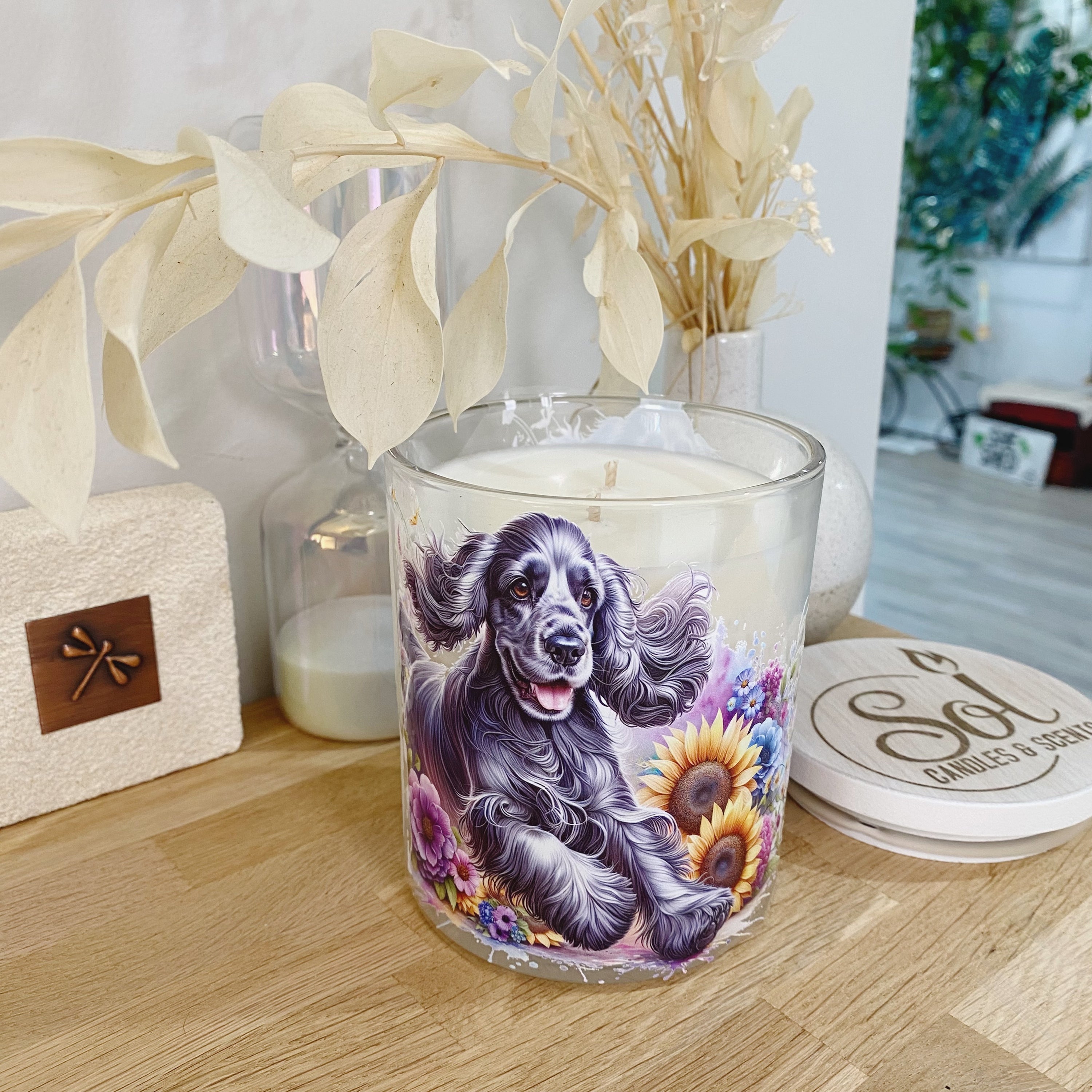 Cocker Spaniel Black with Sunflowers Xlarge Candle_Sol Candles & Scents