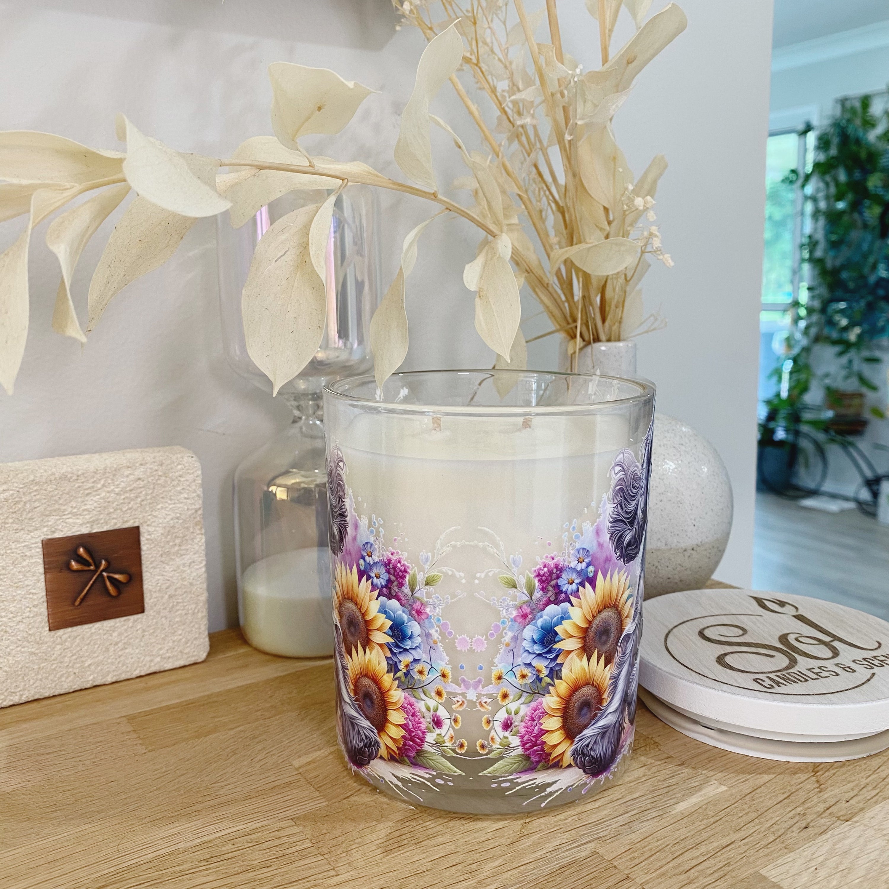 Cocker Spaniel Black with Sunflowers Xlarge Candle