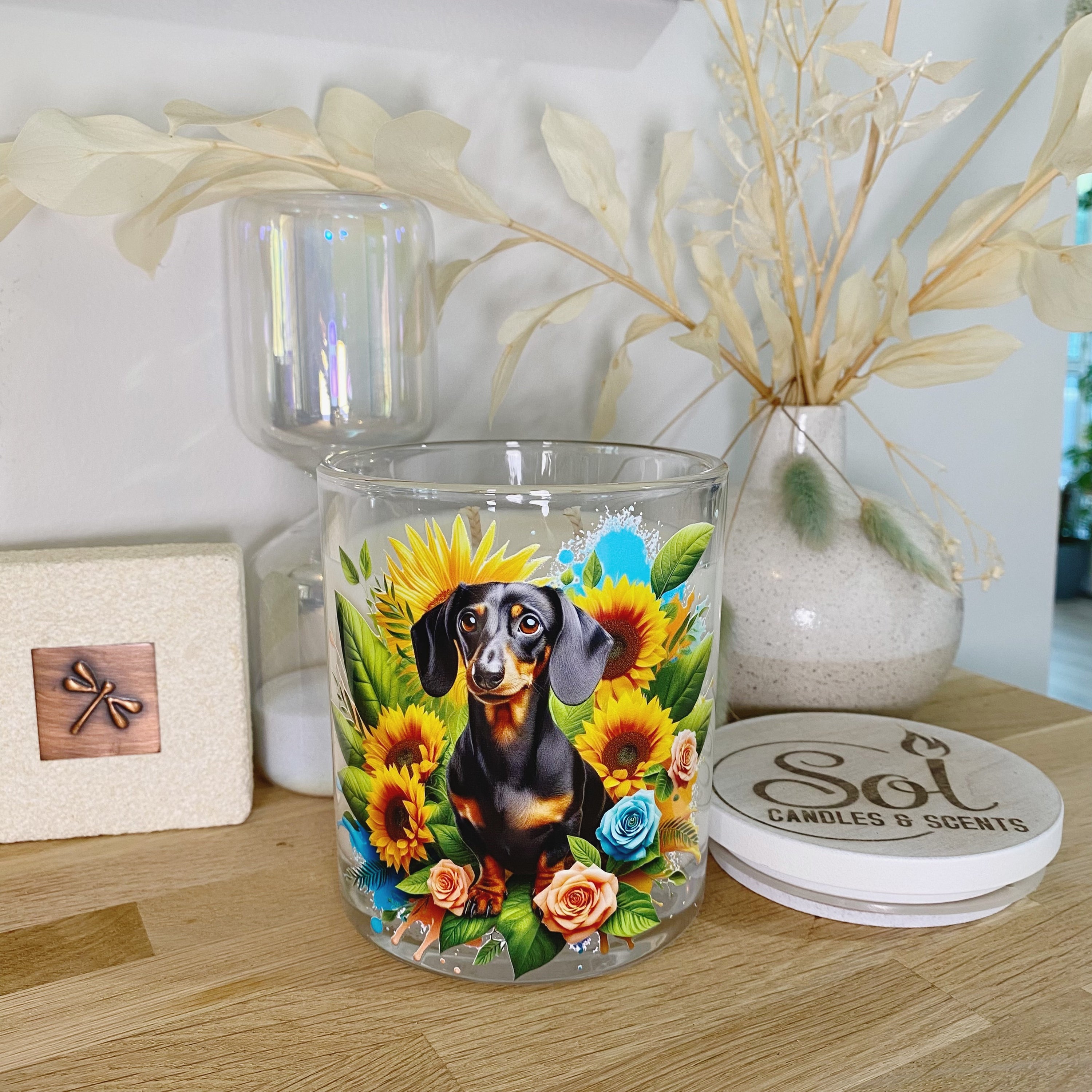 Dachshund Black & Tan Sunflower Candle_Sol Candles & Scents
