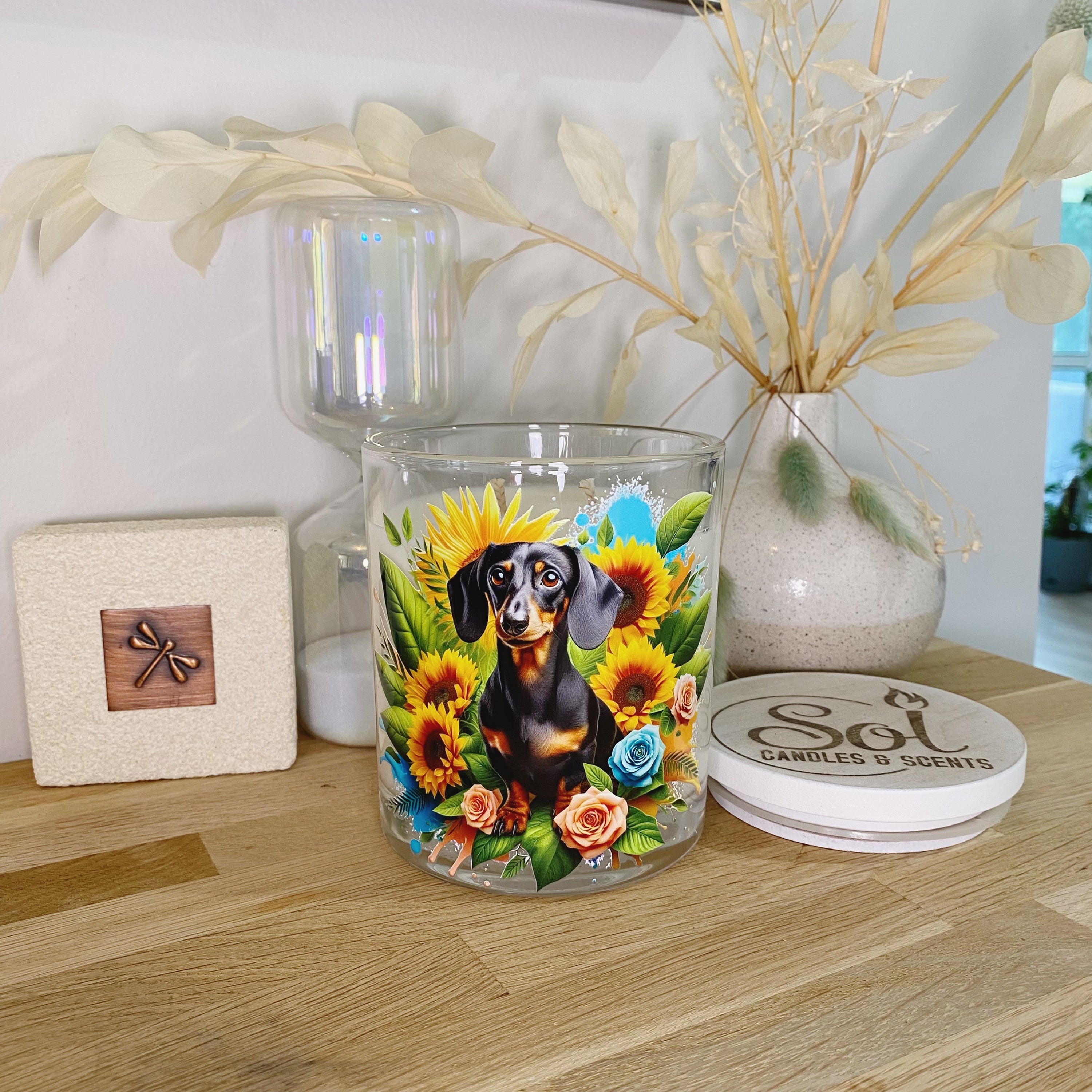 Dachshund Black & Tan Sunflower Candle_Refillable
