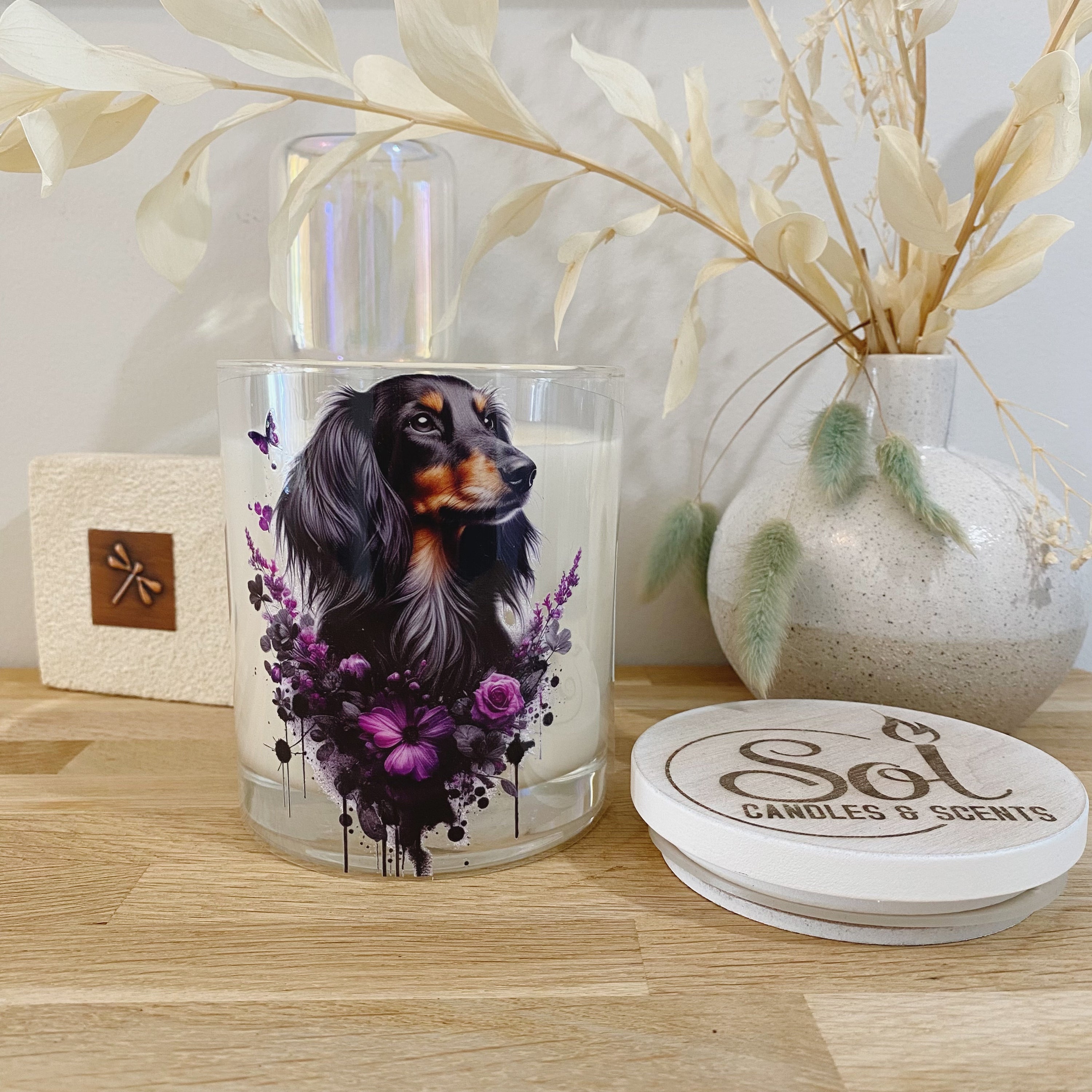 Dachshund Long Haired Purple Xlarge Candle_Sol Candles & Scents