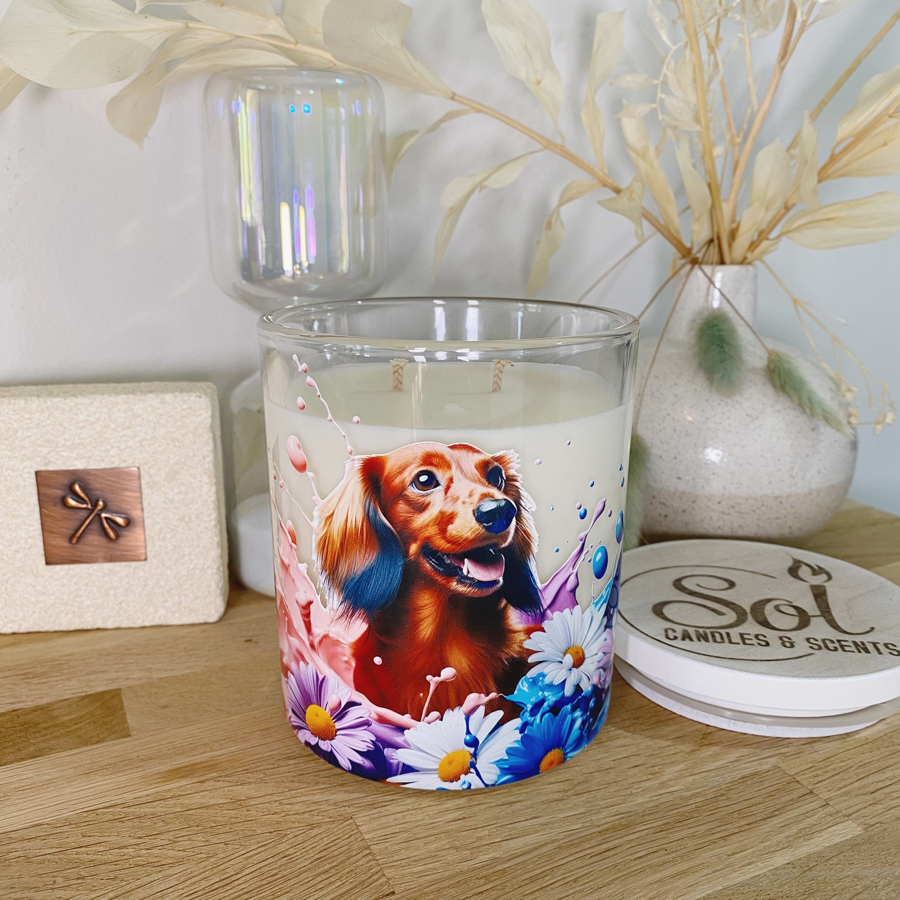 Dachshund Long Haired Red Daisies Candle_Sol Candles & Scents