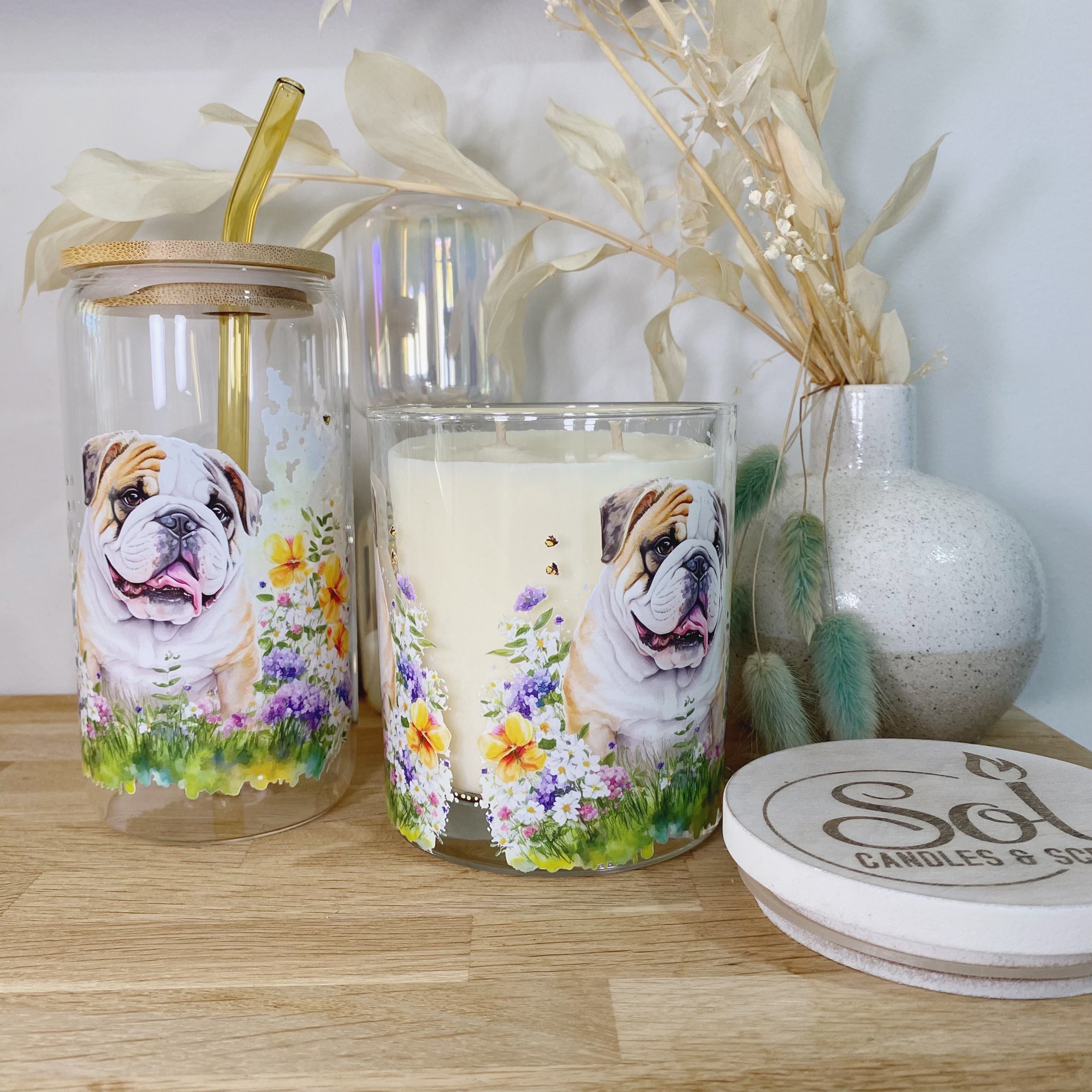 English Bulldog Floral Glassware & Candle Set