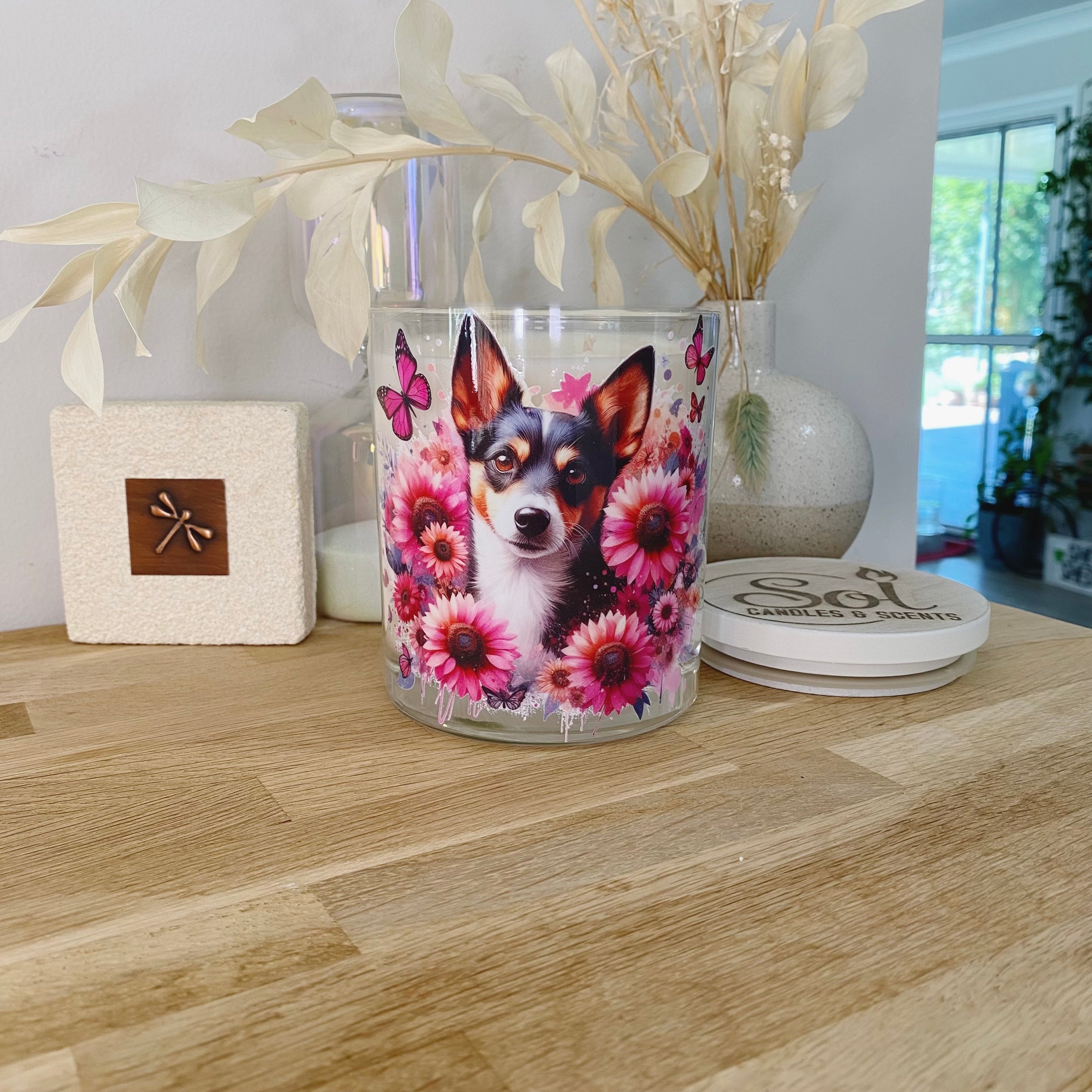 Decorative candle with a Foxie dog design