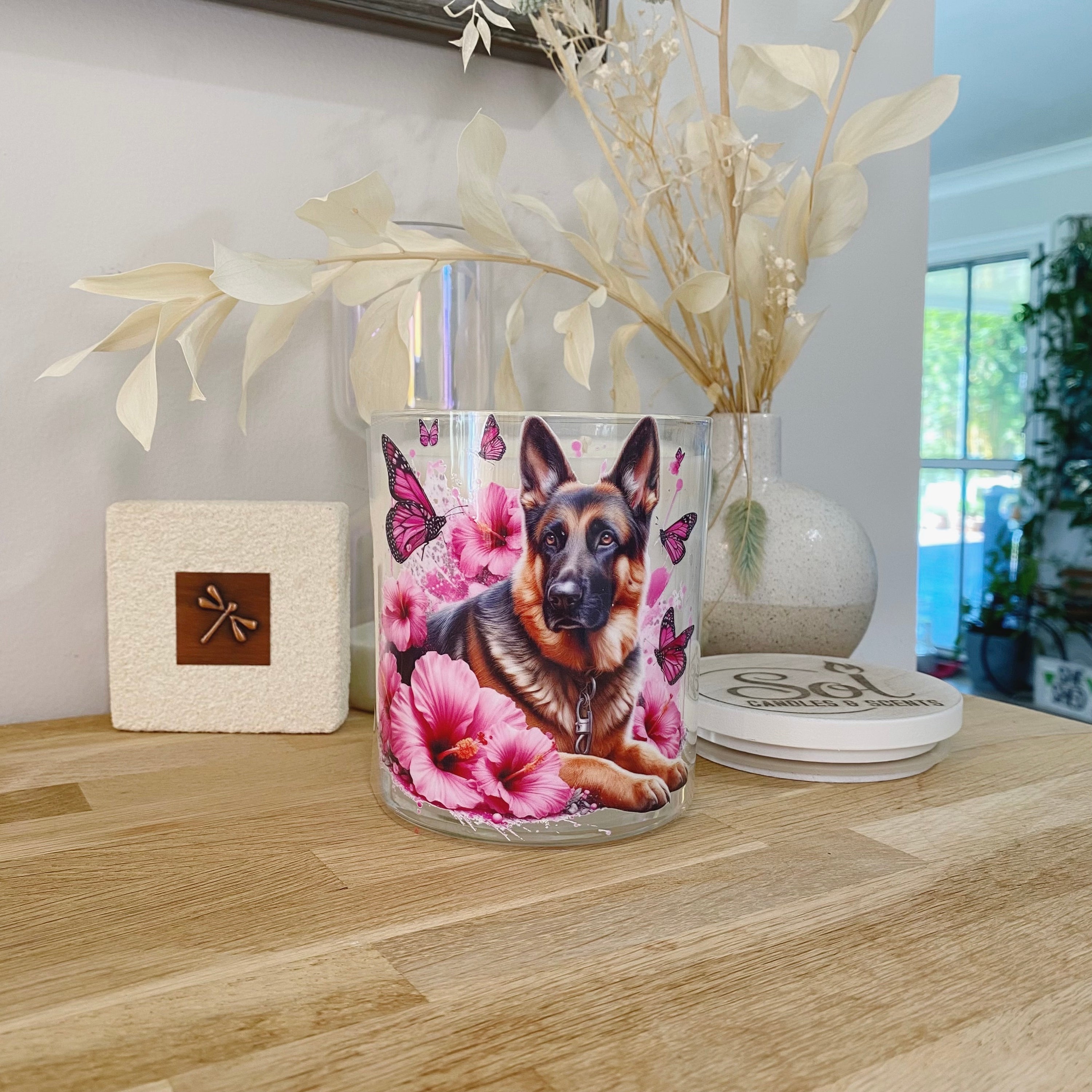 German Shepherd Laying Down Pink Xlarge Candle_Sol Candles & Scents