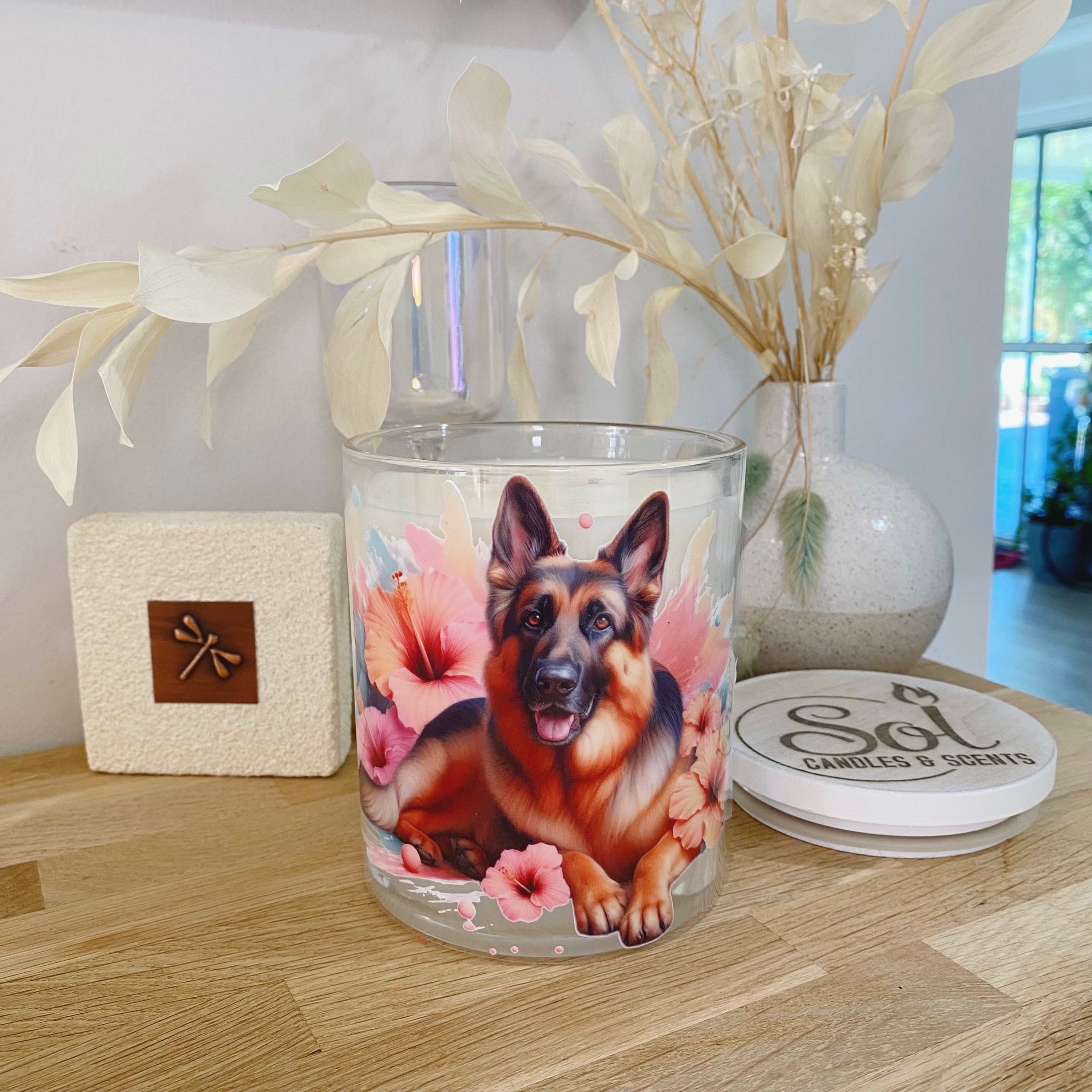 German Shepherd Peach Hibiscus Xlarge Candle_Sol Candles & Scents