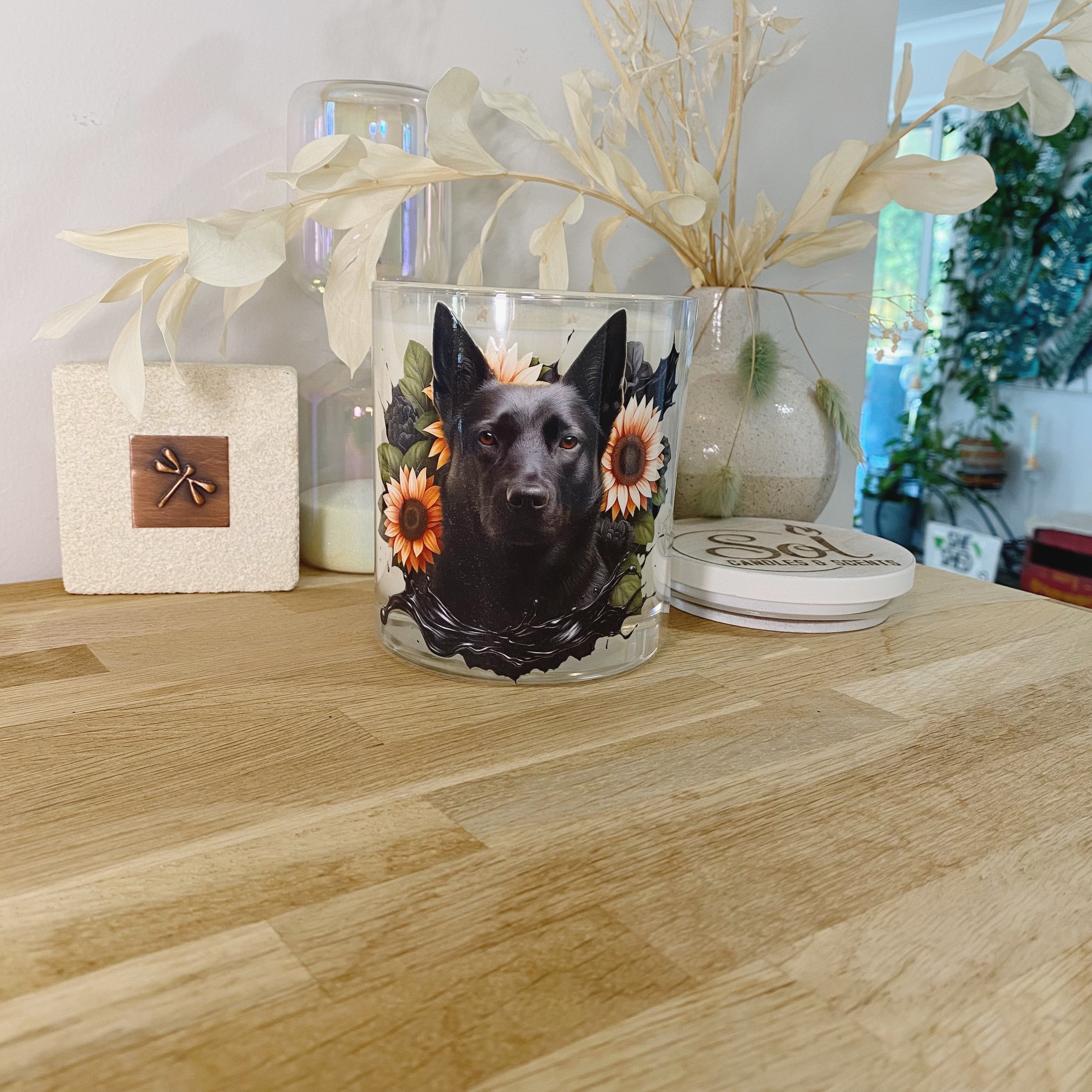 Kelpie Dog Black Sunflower Xlarge Candle_Made in Australia