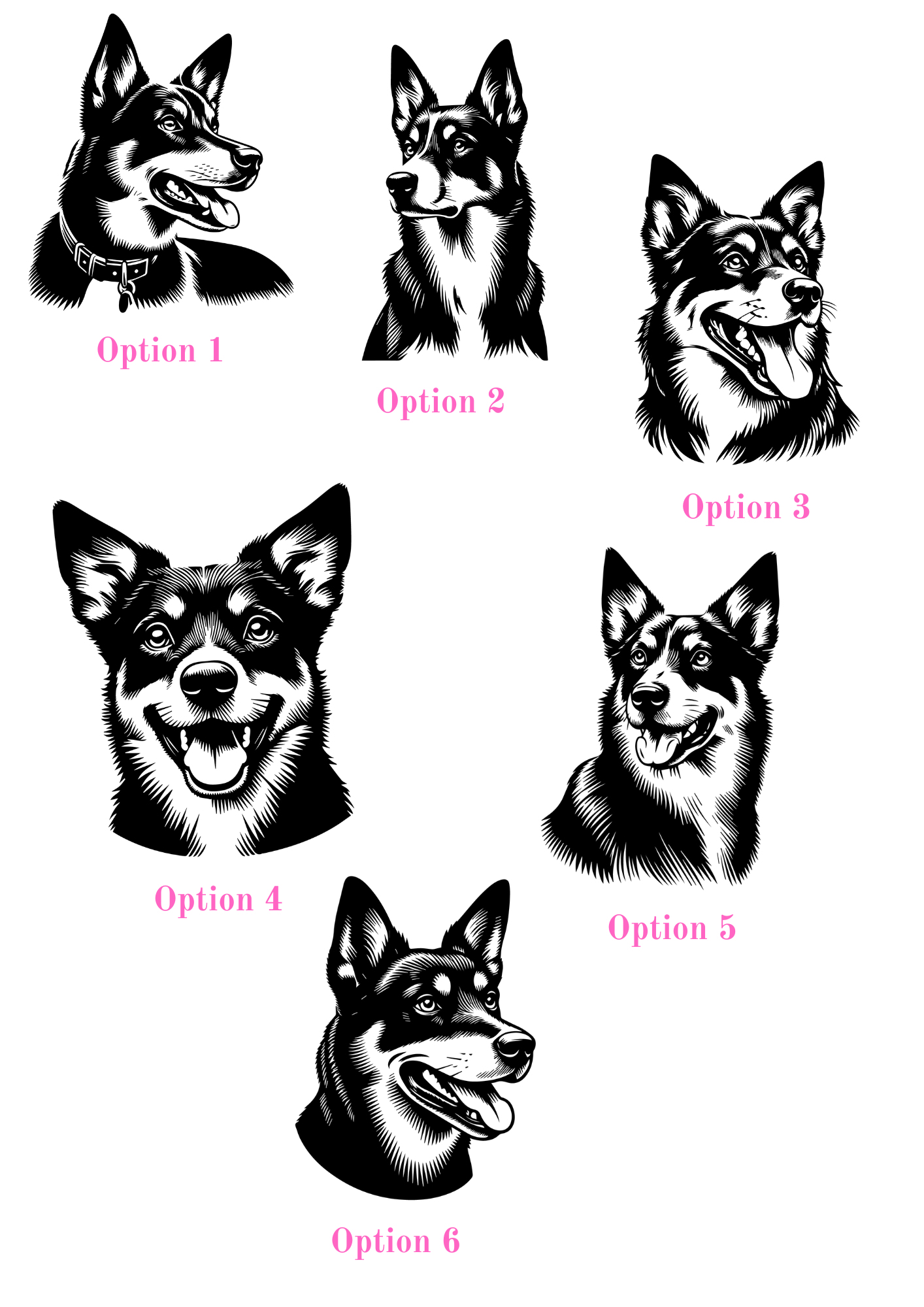 Six illustrated dog portrait options in black and white, showcasing various styles and expressions.