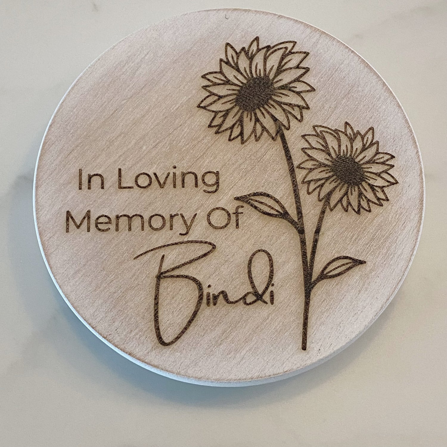 Wooden memorial coaster with sunflowers and text &