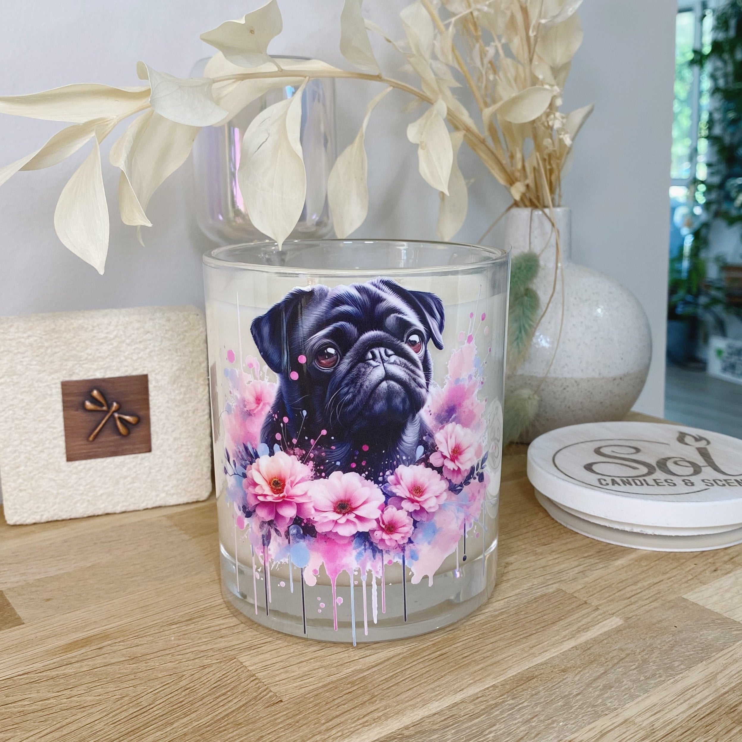 Pug Black Floral Xlarge Candle_Sol Candles & Scents