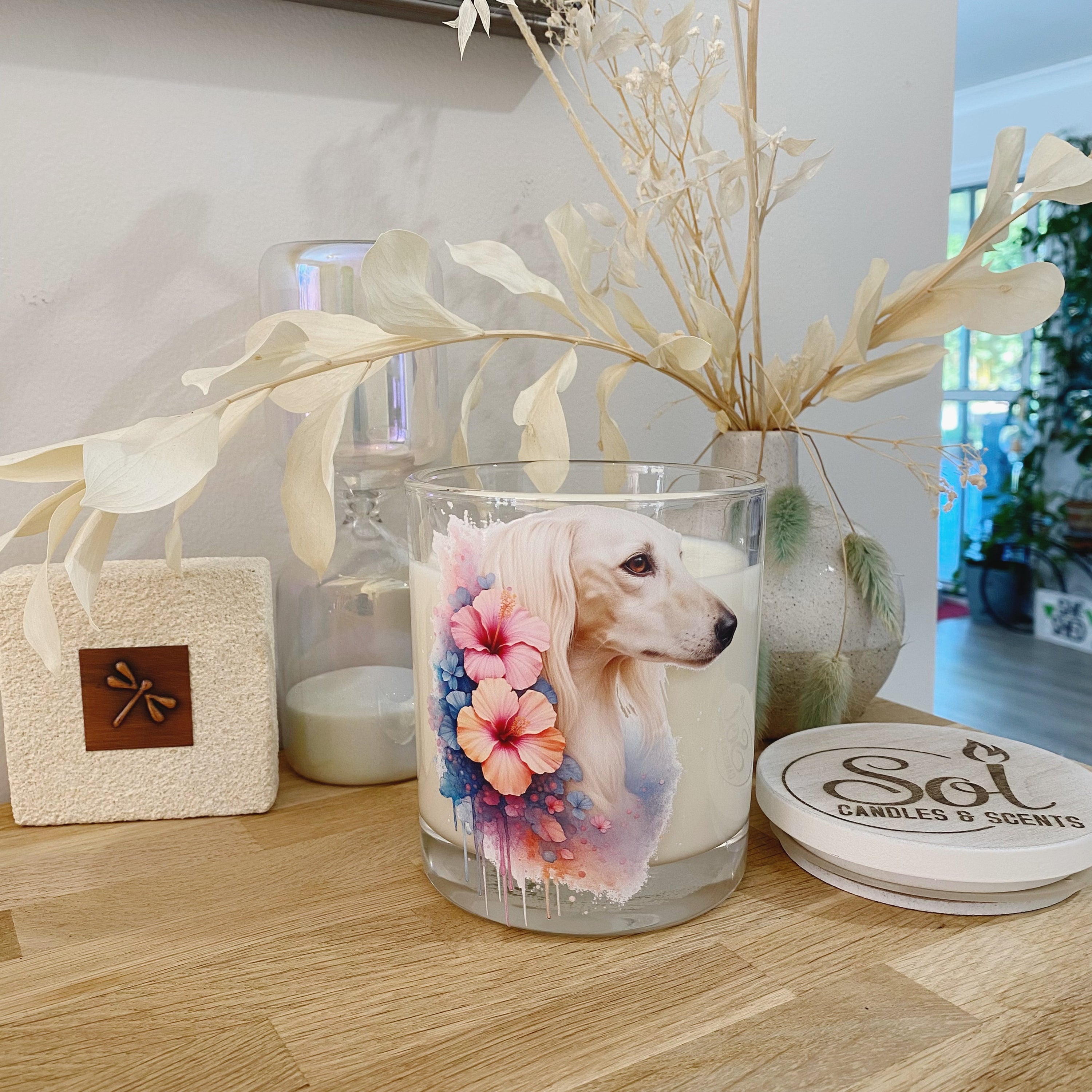 Saluki Dog Cream Floral Xlarge Candle_Made in Australia