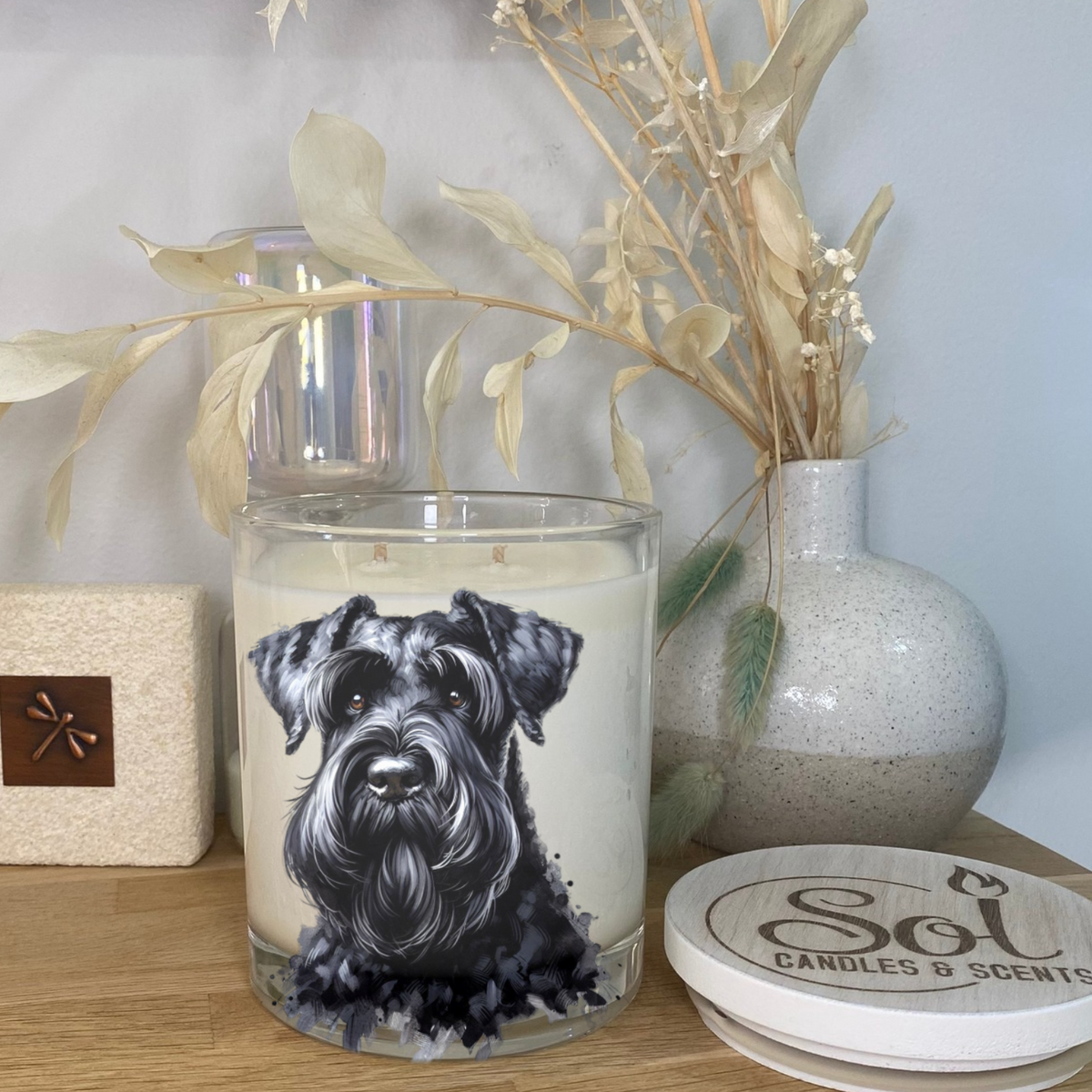 Schnauzer Giant Black Dog on a Soy Candle