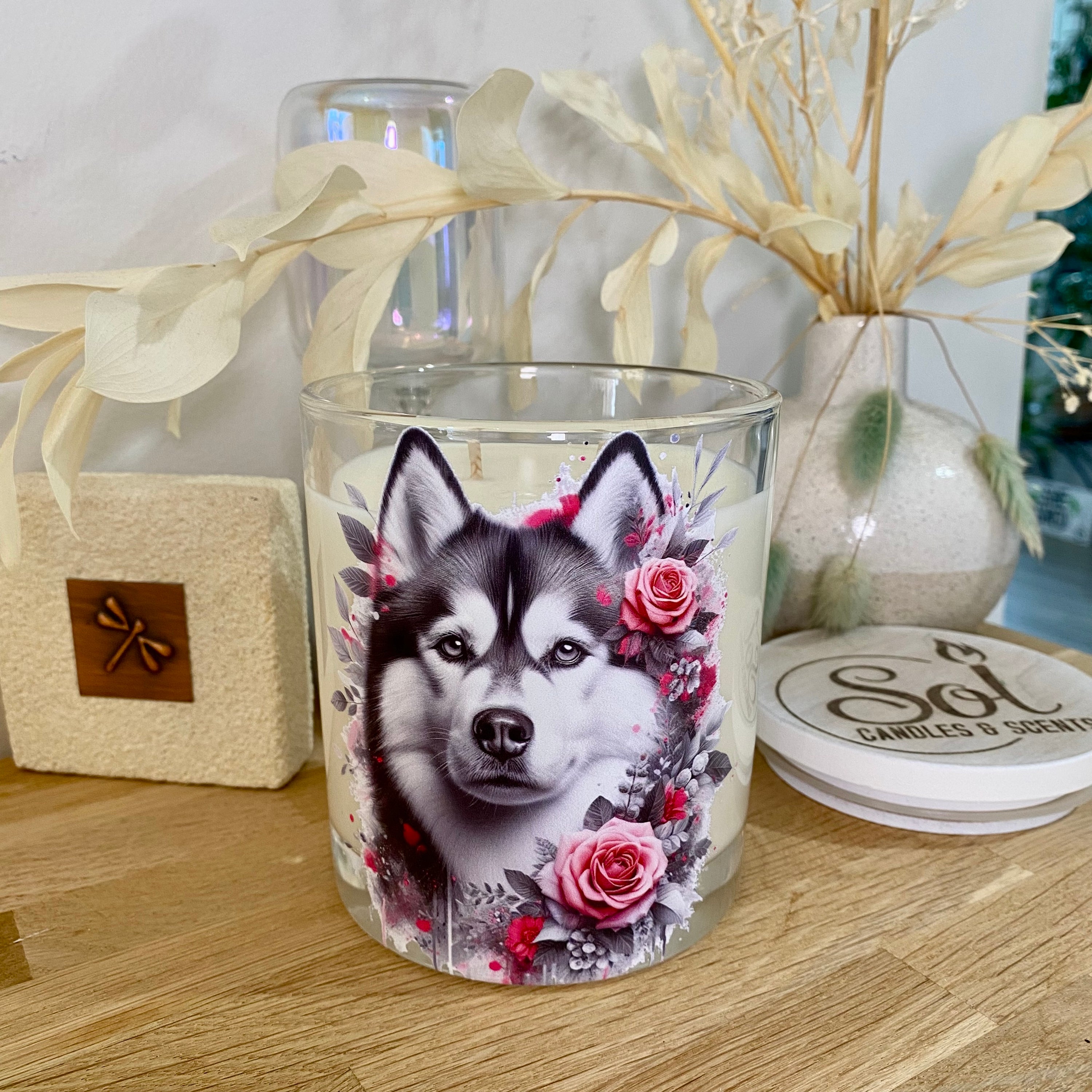 Siberian Husky Grey Roses Xlarge Candle_Sol Candles & Scents