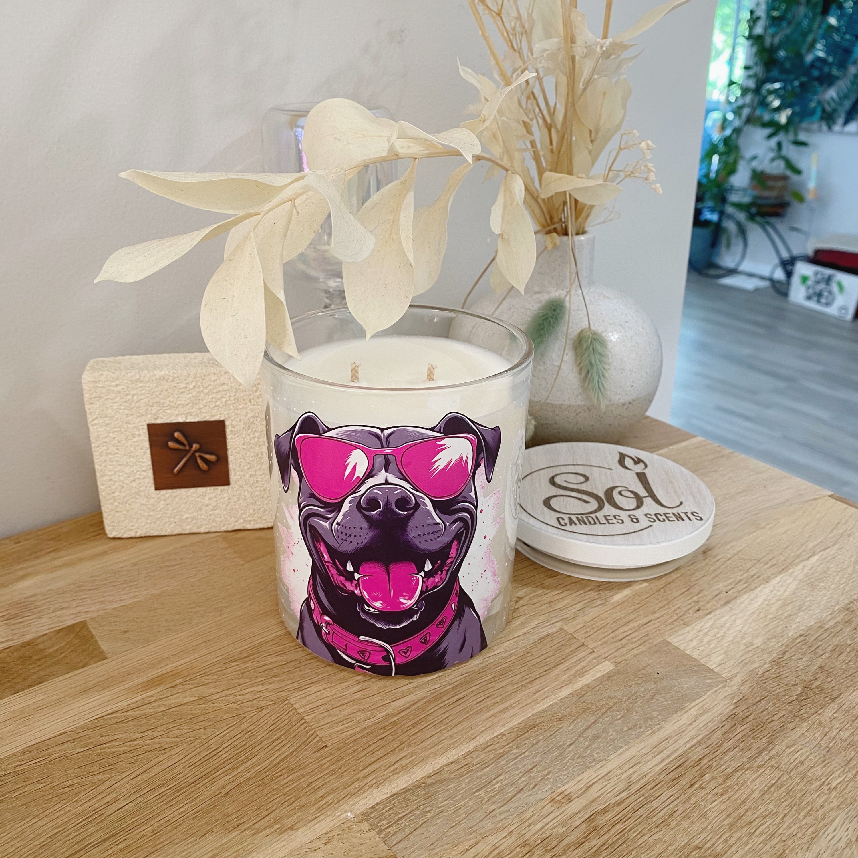 Staffy Wearing Pink Sunnies Xlarge Candle
