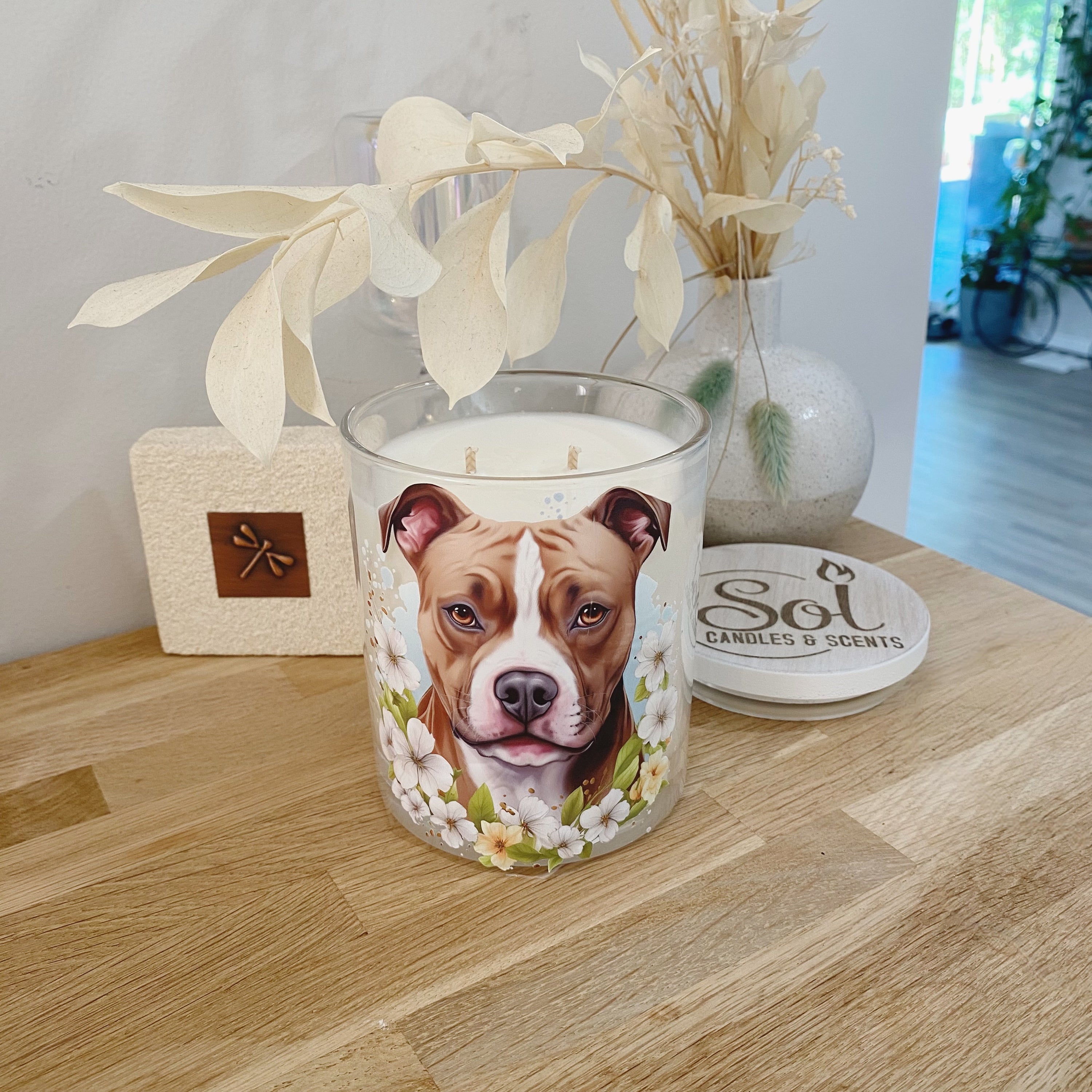 Staffy White Flowers Xlarge Candle