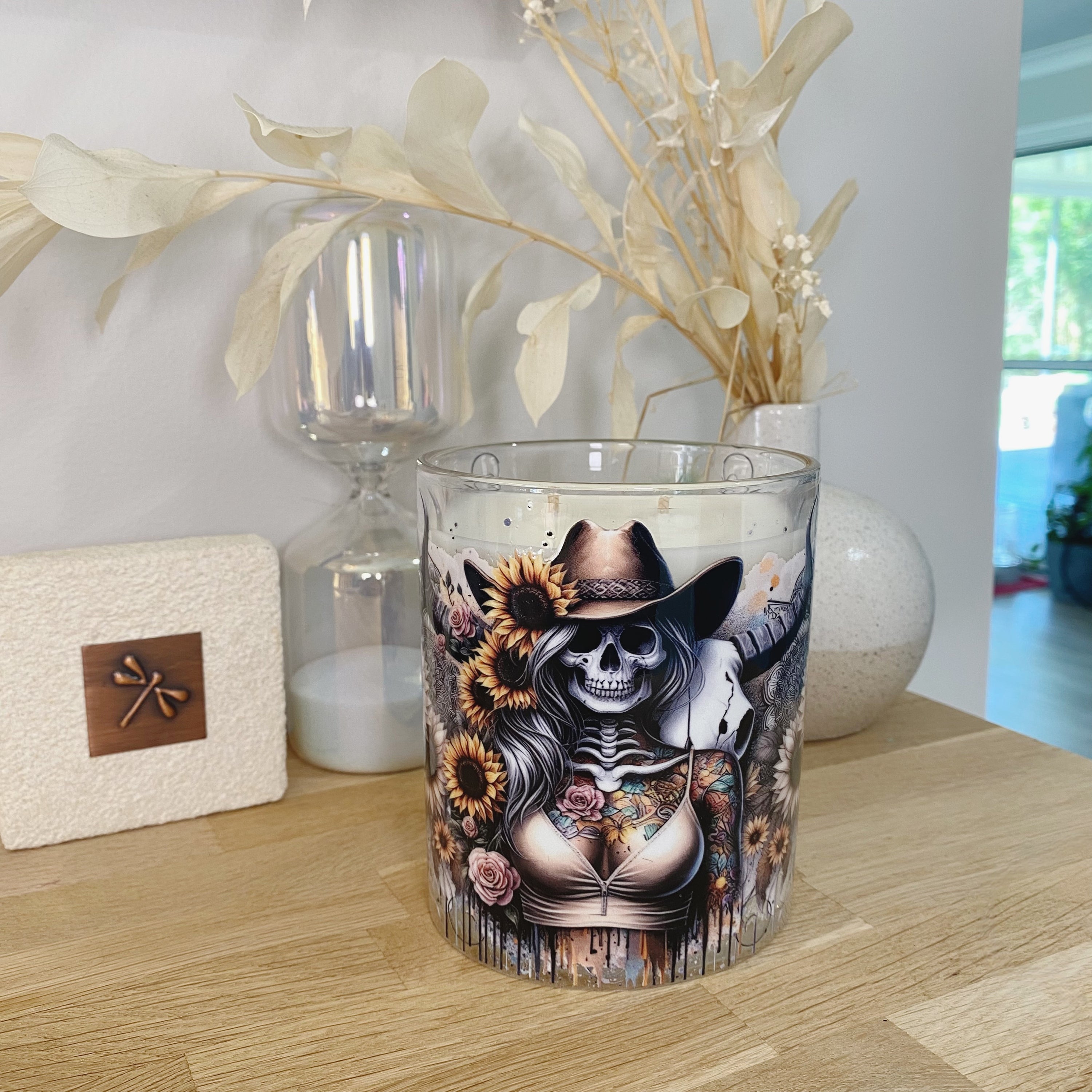 Sunflower Skull Horn Lady Xlarge Candle