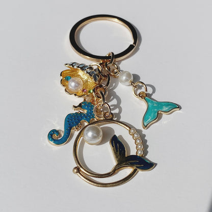 Aqua Mermaid Tail, Seahorse, Clamshell Keychain