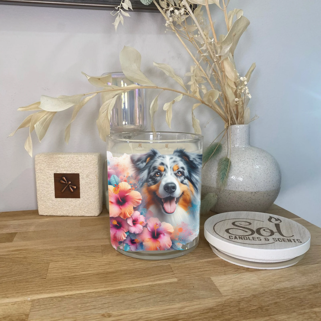 Australian Shepherd Smiling Hibiscus Xlarge Candle