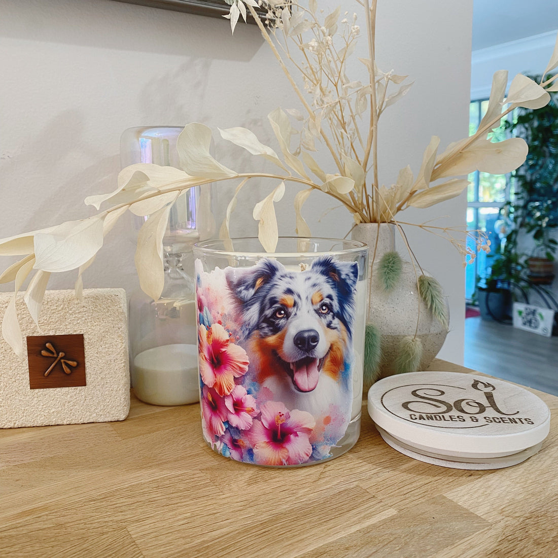 Australian Shepherd Smiling Hibiscus Xlarge Candle_Made in Queensland