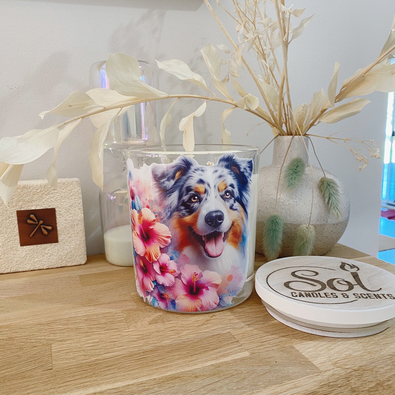 Australian Shepherd Dog Smiling Hibiscus Xlarge Candle_Made in Australia