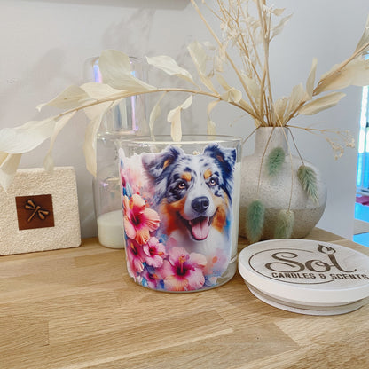 Australian Shepherd Dog Smiling Hibiscus Xlarge Candle_Made in Australia