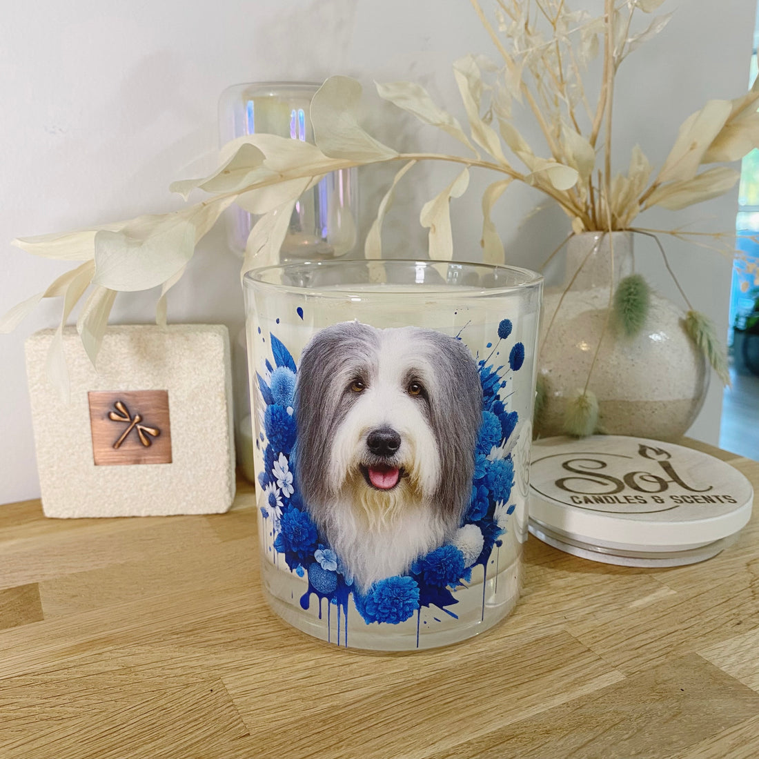 Bearded Collie Blue Floral Xlarge Candle_Sol Candles &amp; Scents