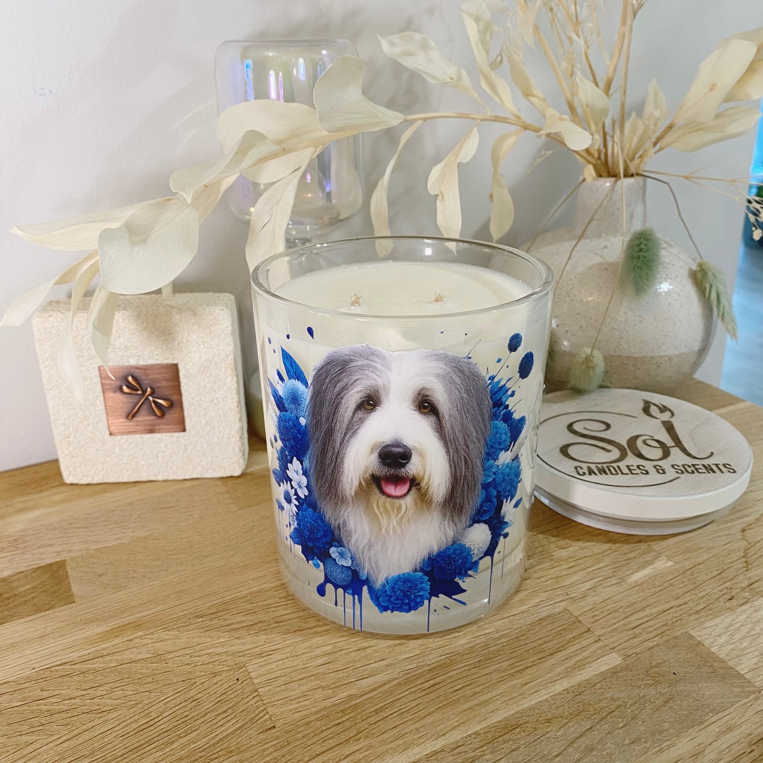 Bearded Collie Dog Blue Floral Xlarge Candle_Made in Australia_Refillable