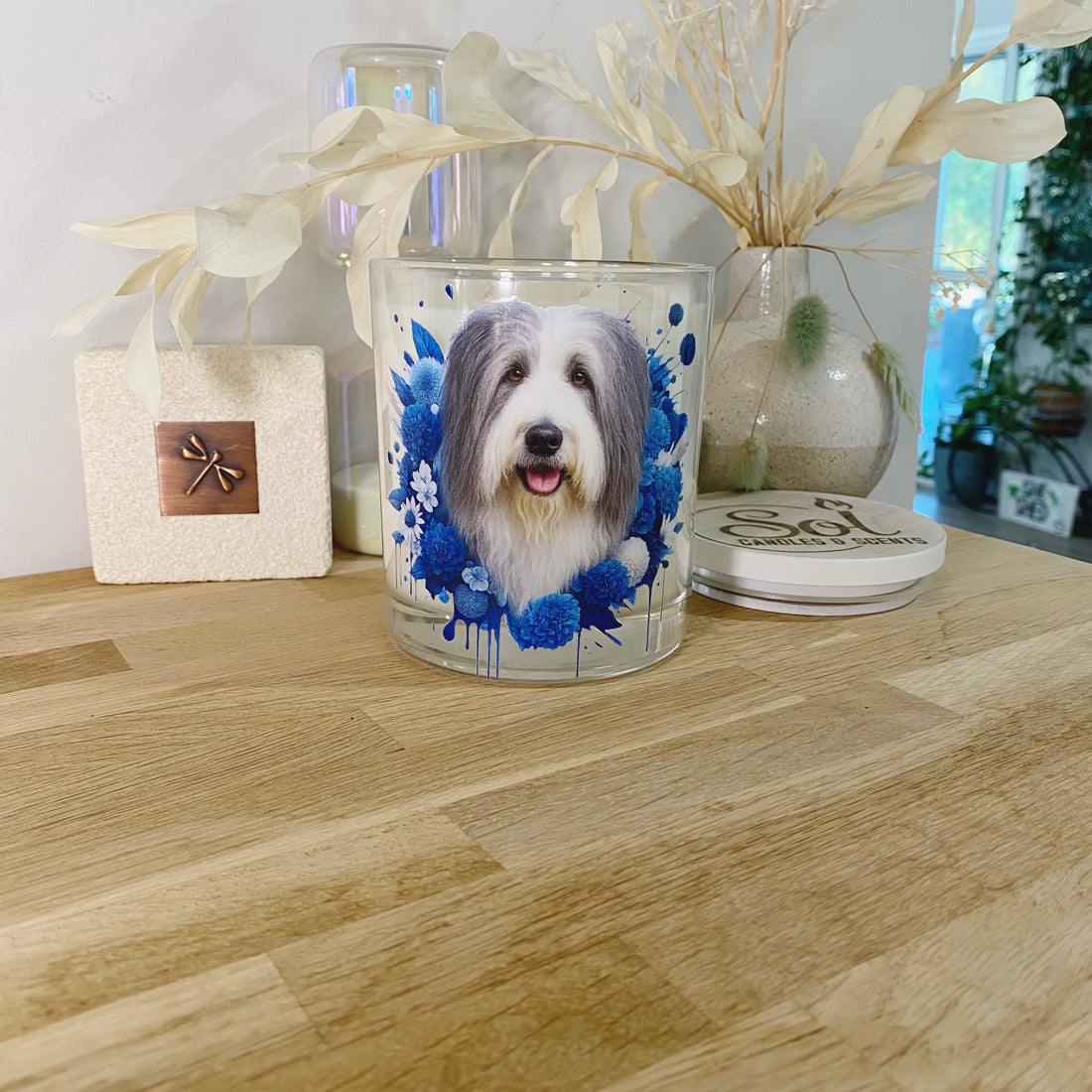 Bearded Collie Dog Blue Floral Xlarge Candle_Made in Australia