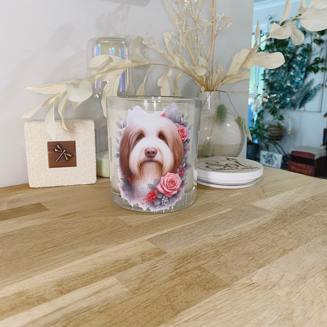 Bearded Collie Dog Roses Xlarge Candle_Made in Australia