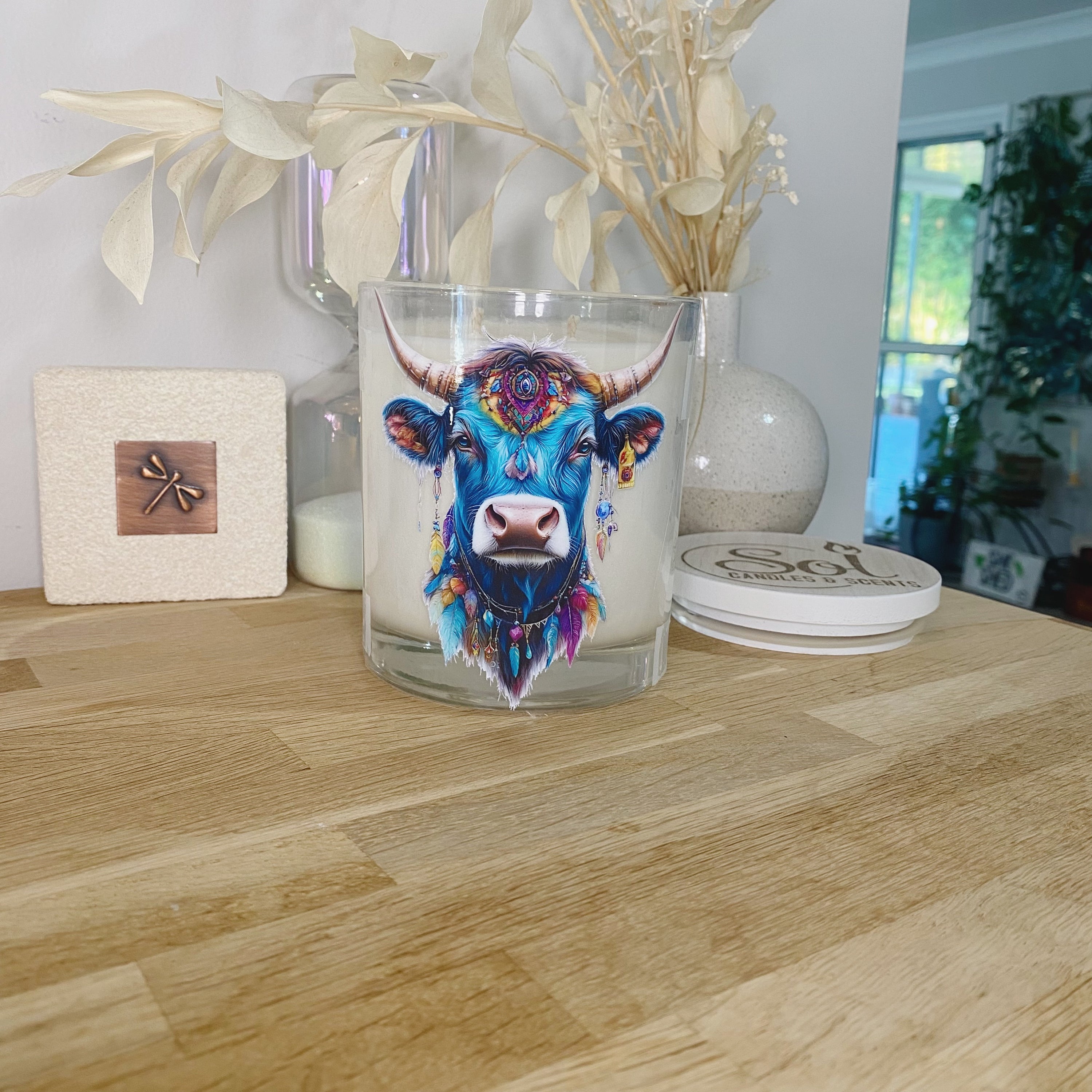 Boho Turquoise Cow Xlarge Candle