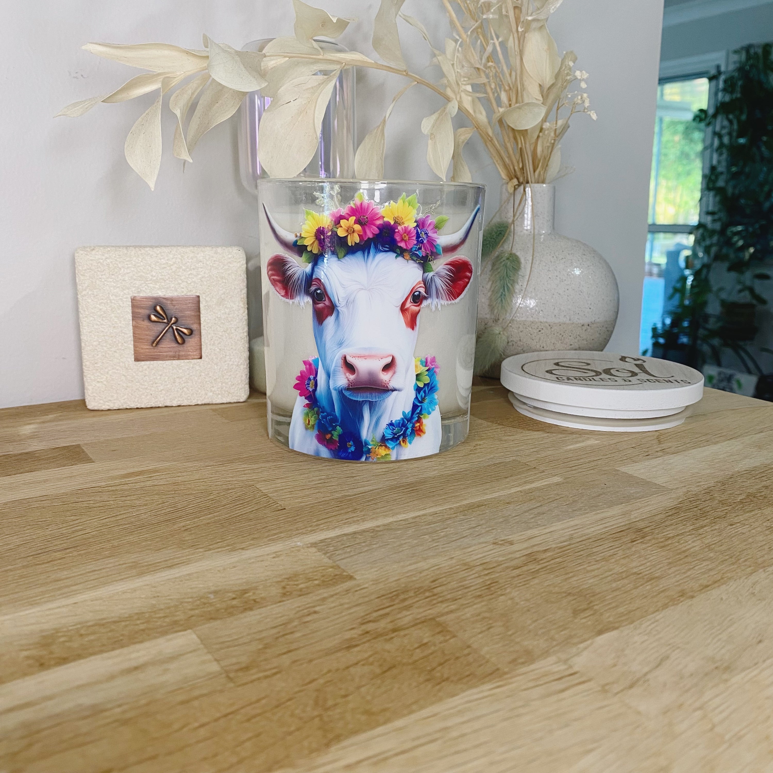 Boho White Cow Floral Cow Xlarge Candle
