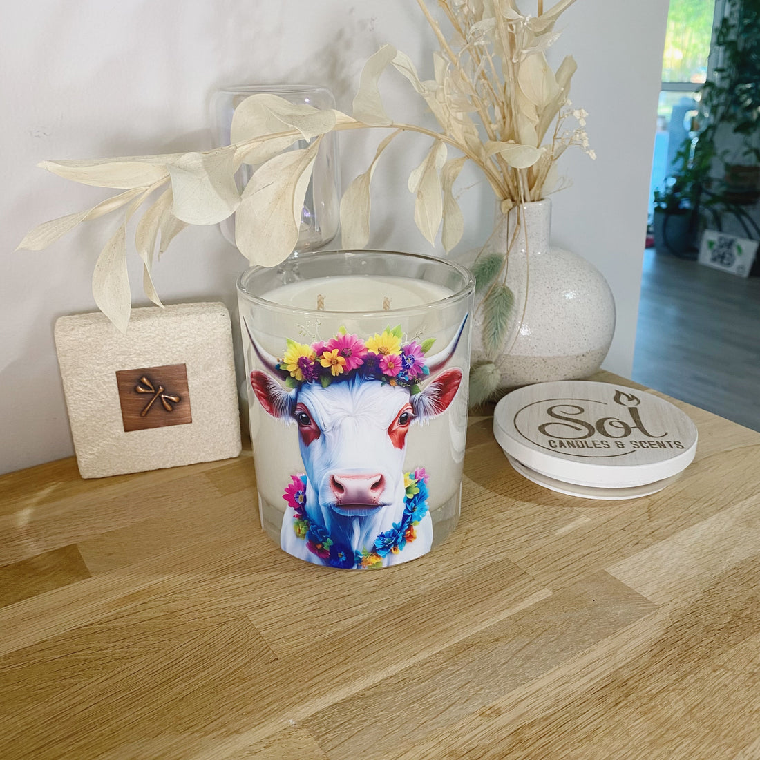 Boho White Cow Floral Cow Xlarge Candle
