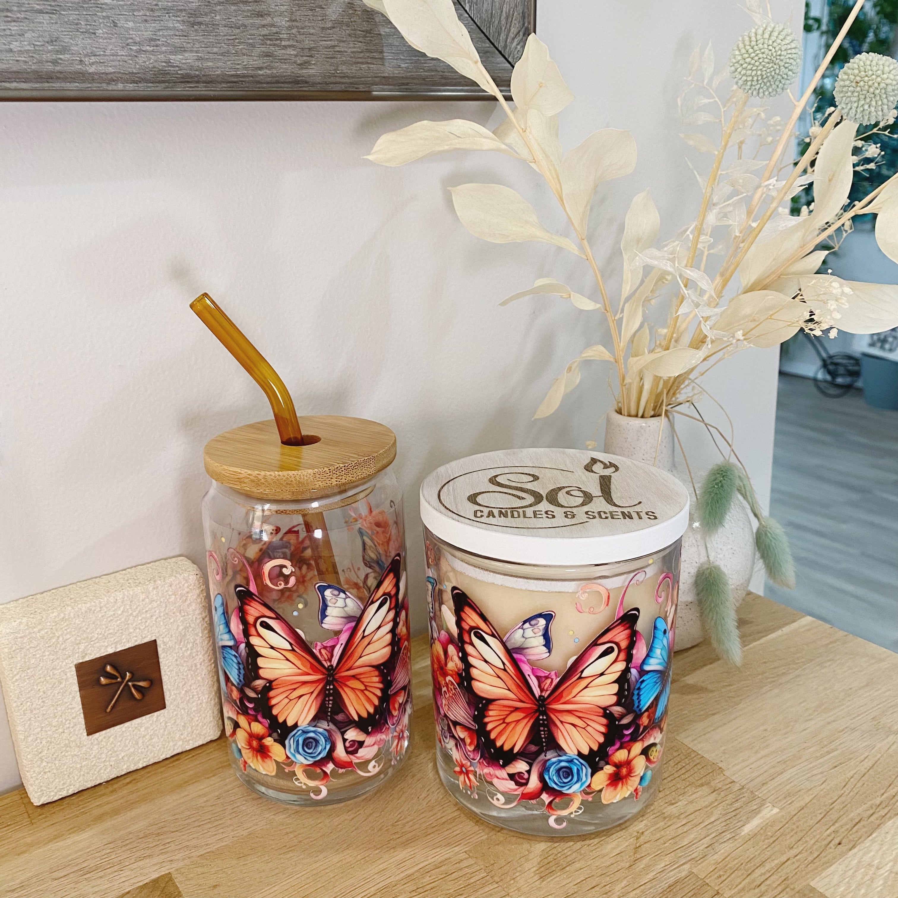 Butterfly Glassware &amp; Candle Set