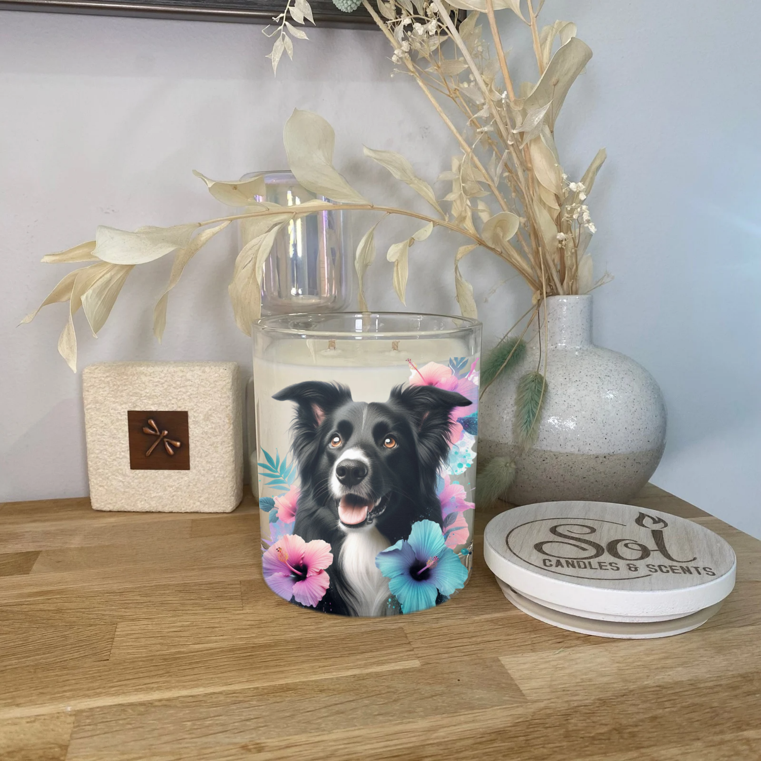 Border Collie Teal Hibiscus Xlarge Candle
