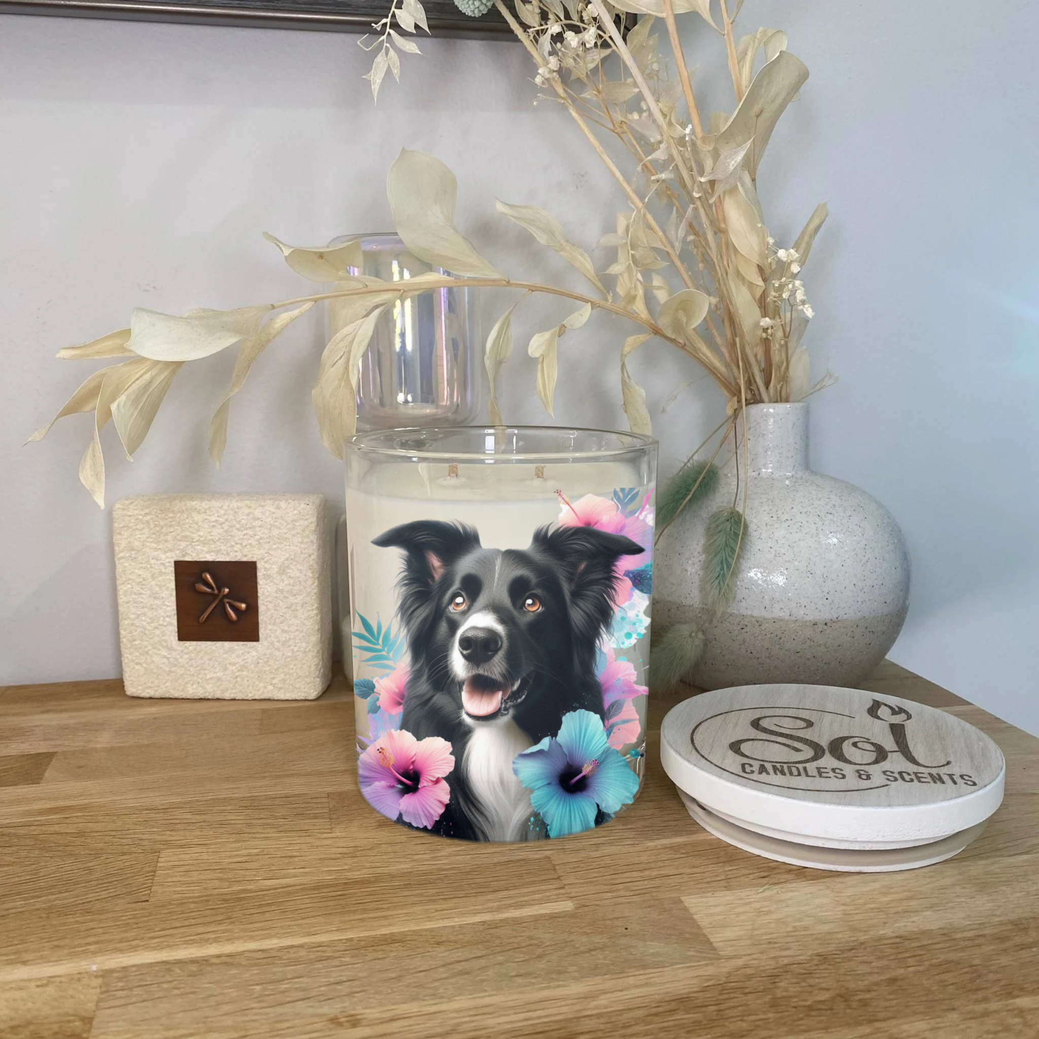 Border Collie Teal Hibiscus Xlarge Candle