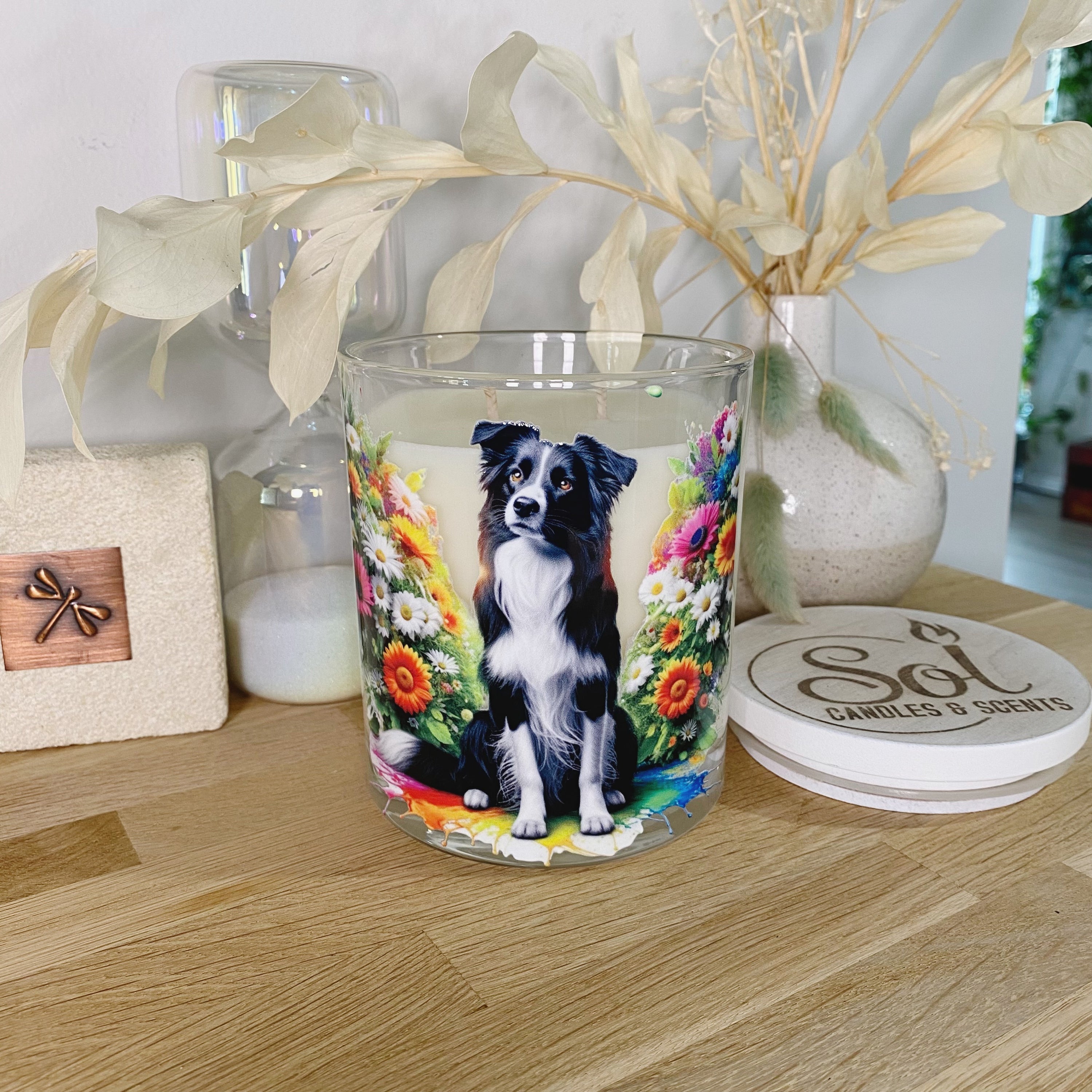 Border Collie Bright Floral Xlarge Candle_Refillable_Made in Queensland