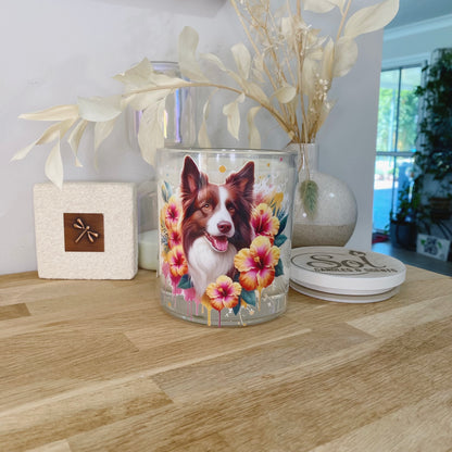 Soy Candle featuring a Chocolate Border Collie Dog_Sol Candles &amp; Scent Design. 
