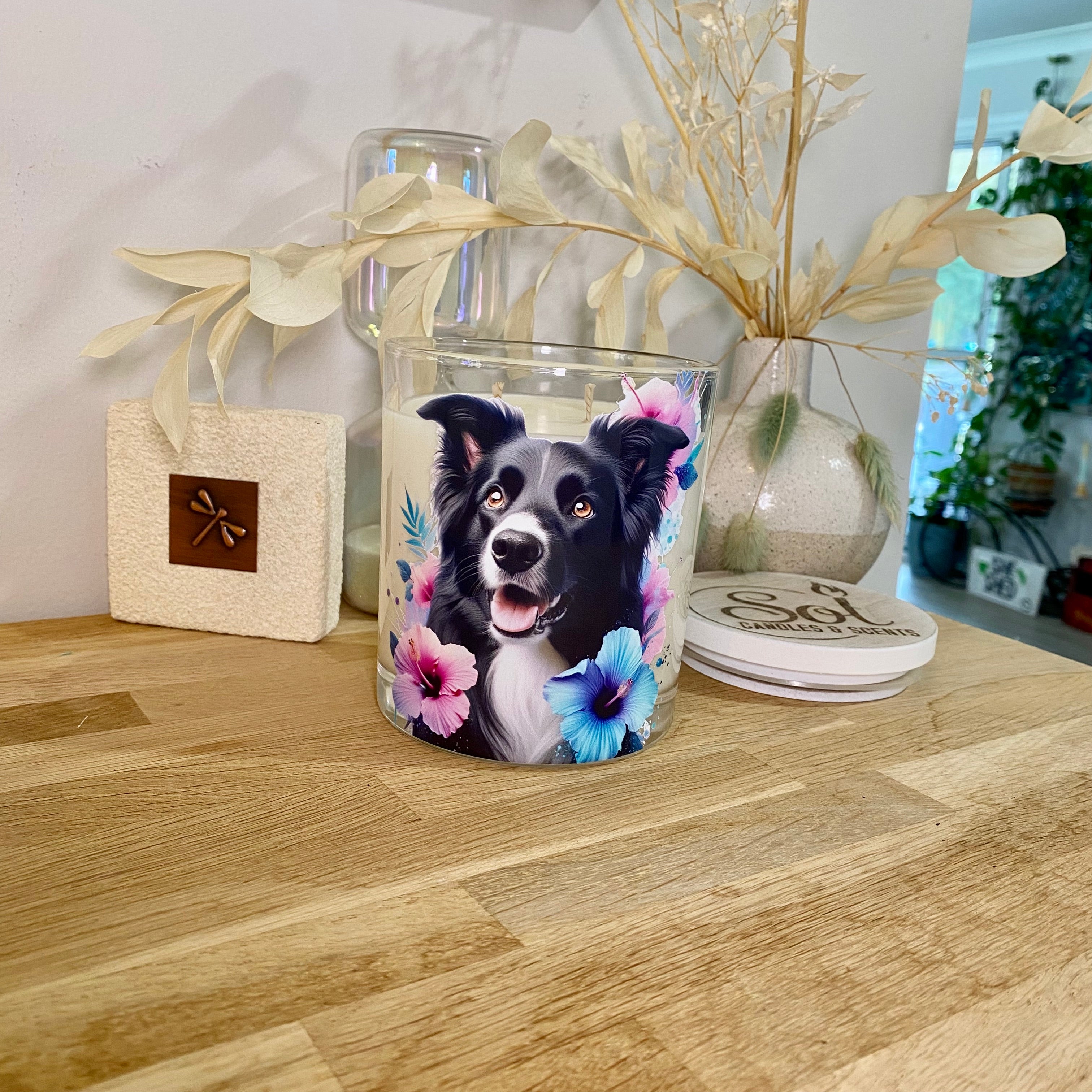 Border Collie Teal Hibiscus Xlarge Candle_Made in Queenslands